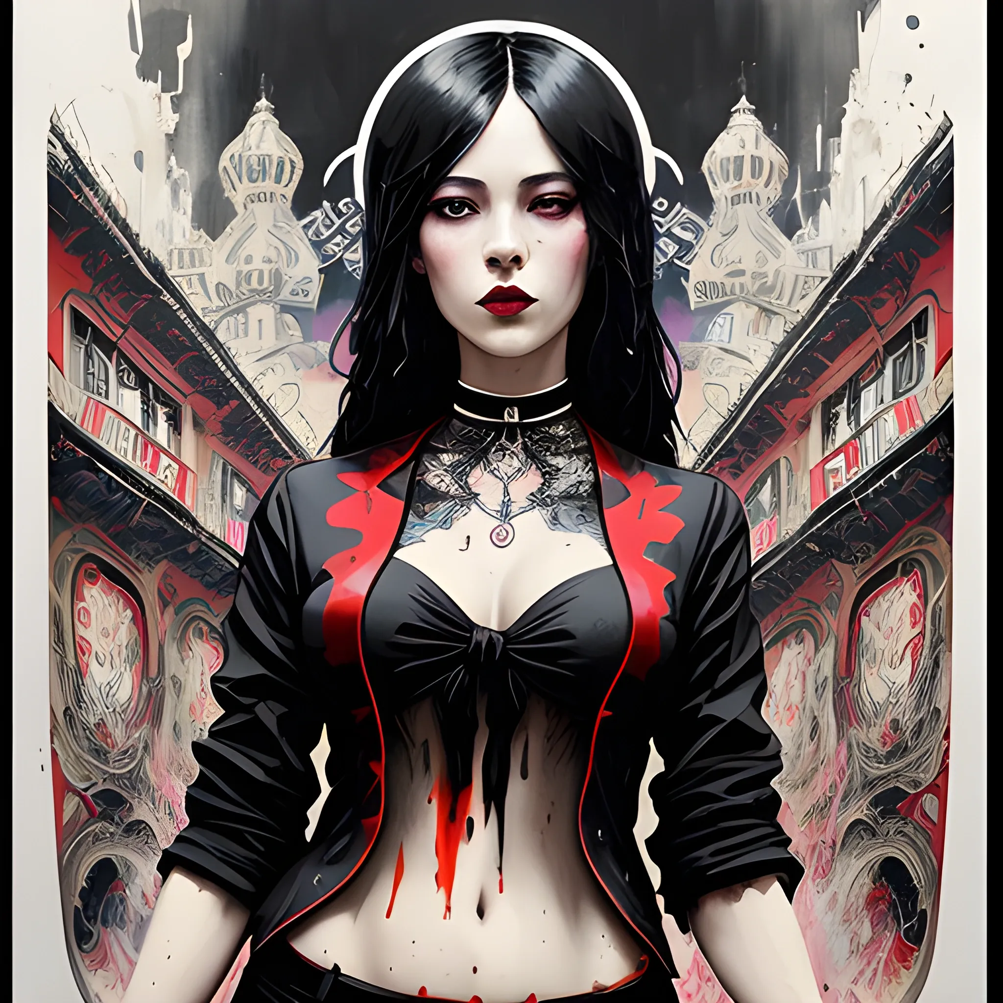 Art Nouveau painting,black, silver and red colors,  true aesthetics, stylish fashion shot of a beautiful woman posing in front of a psychedelic art nouveau style. gothic style korean female, full figure, fit, ellegant tight white shirts, ties, miniskirts,  legs,  choker, long hair, classy,  beautiful faces, manga eyes, open mouth, chaotic messy city in the background, art by Greg Rutkowski graffiti art, splash art, street art, spray paint, oil gouache melting, acrylic, high contrast, colorful polychromatic, ultra detailed, ultra quality, CGSocietyHighly detailed, highest quality