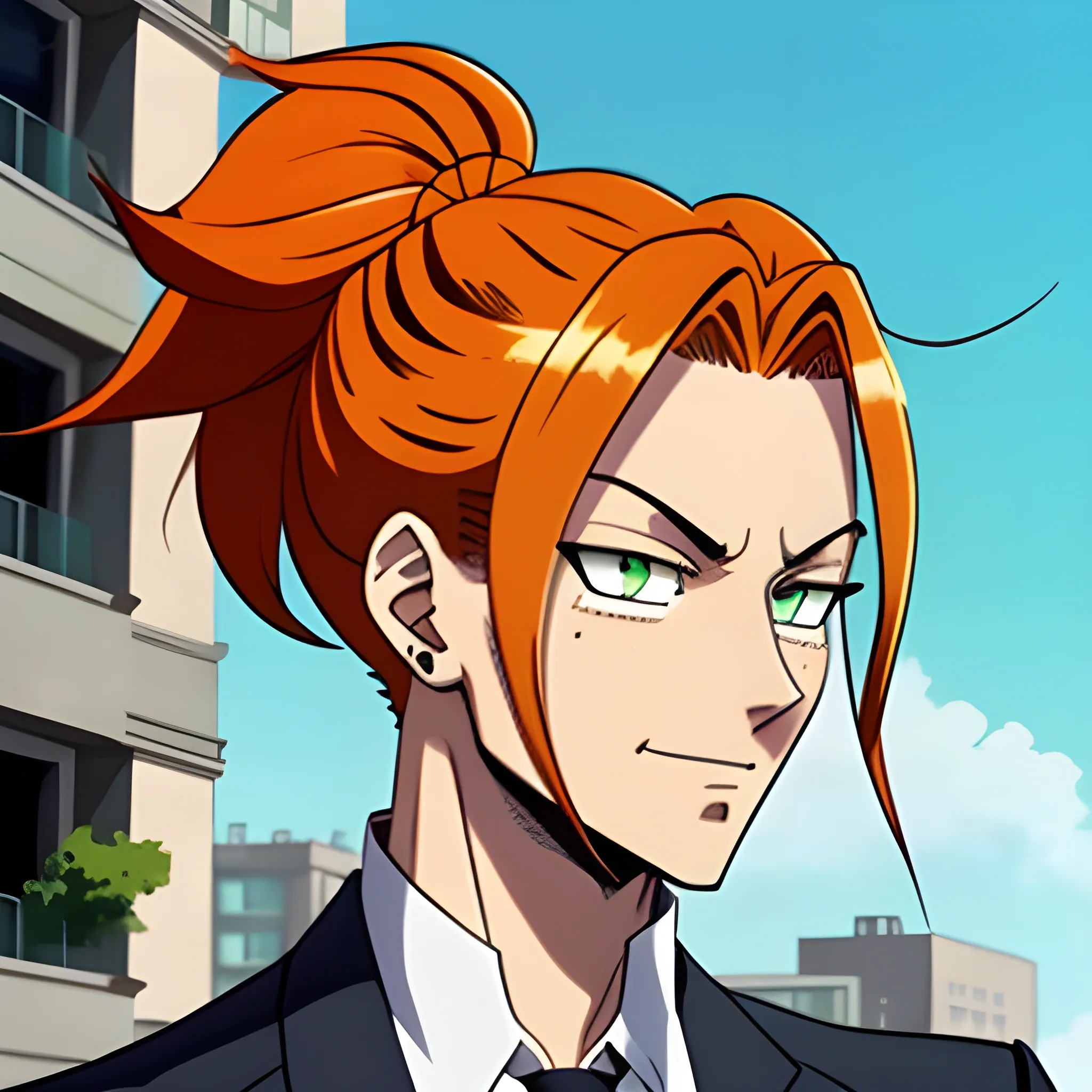 orange hair, man bun hair, hair in a bun, green eyes, my hero academia school uniform