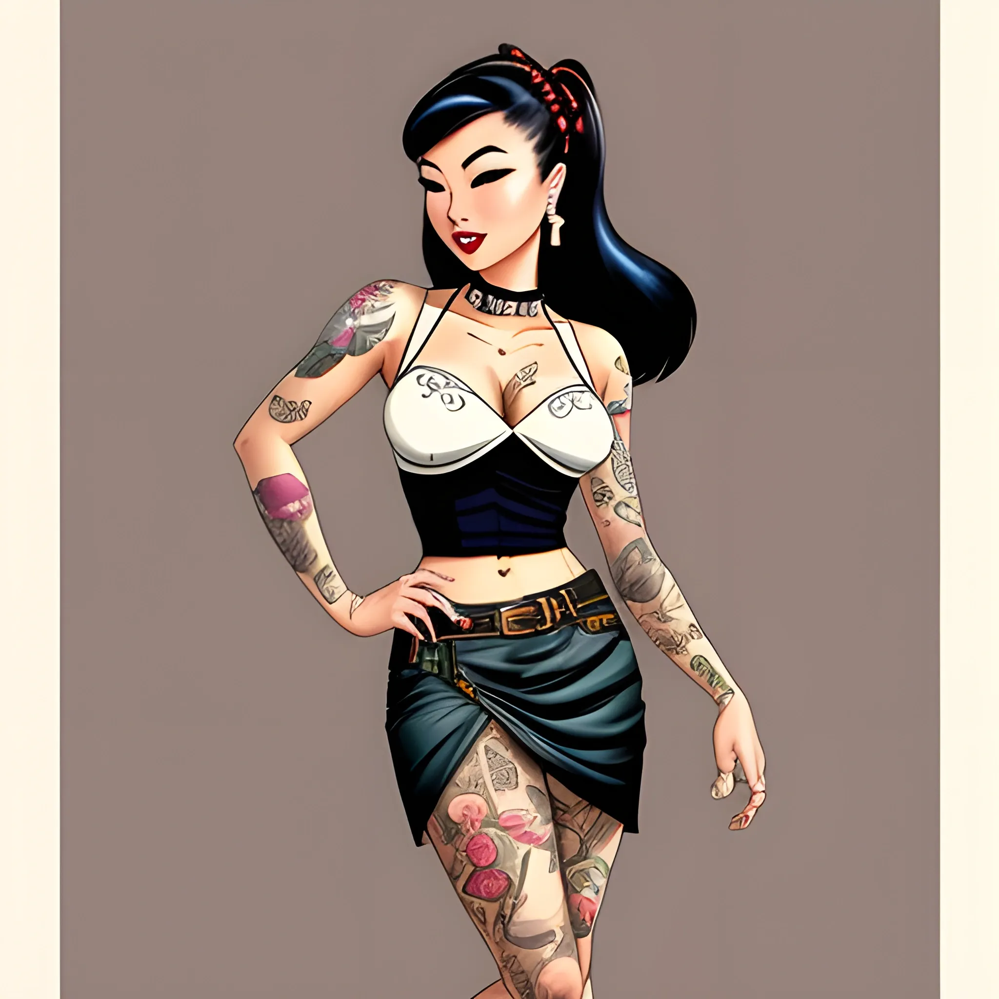 01913-20110708-Stunning tattooed asian woman, babepunk, full body dynamic pose, pin up, wearing pencil skirt, style of Milo manara, Olivia de B