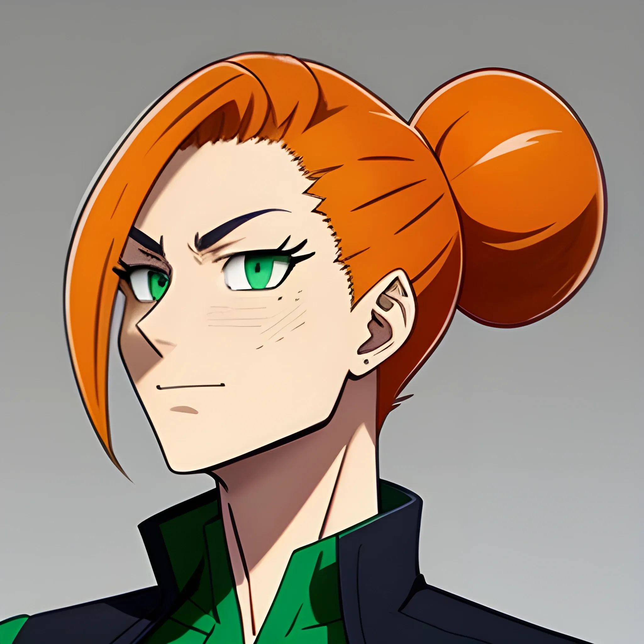 orange hair, man bun hair, hair in a bun, green eyes, my hero academia school uniform