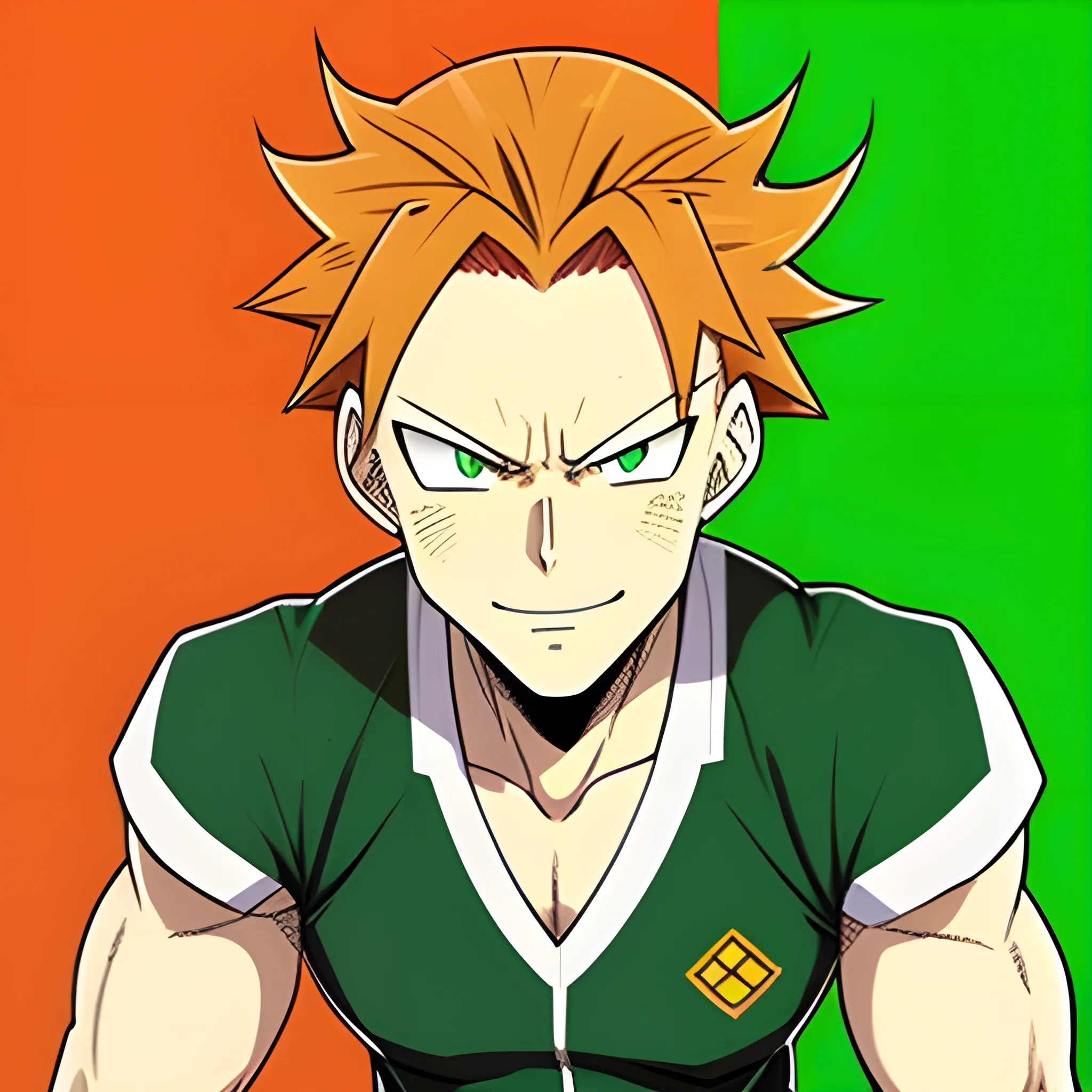orange hair, man bun hair, hair in a bun, green eyes, my hero academia school uniform