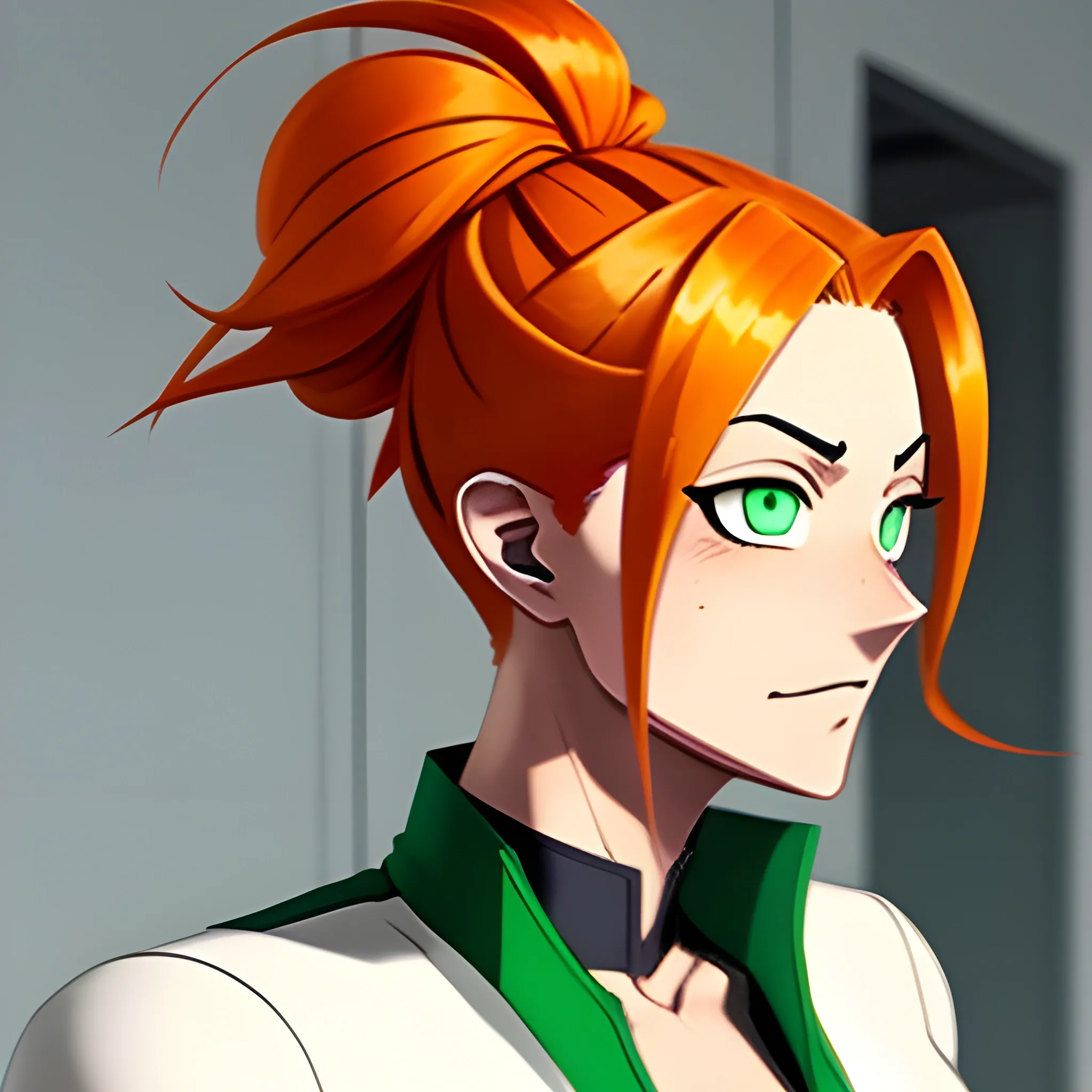 orange hair, man bun hair, hair in a bun, green eyes, my hero academia school uniform