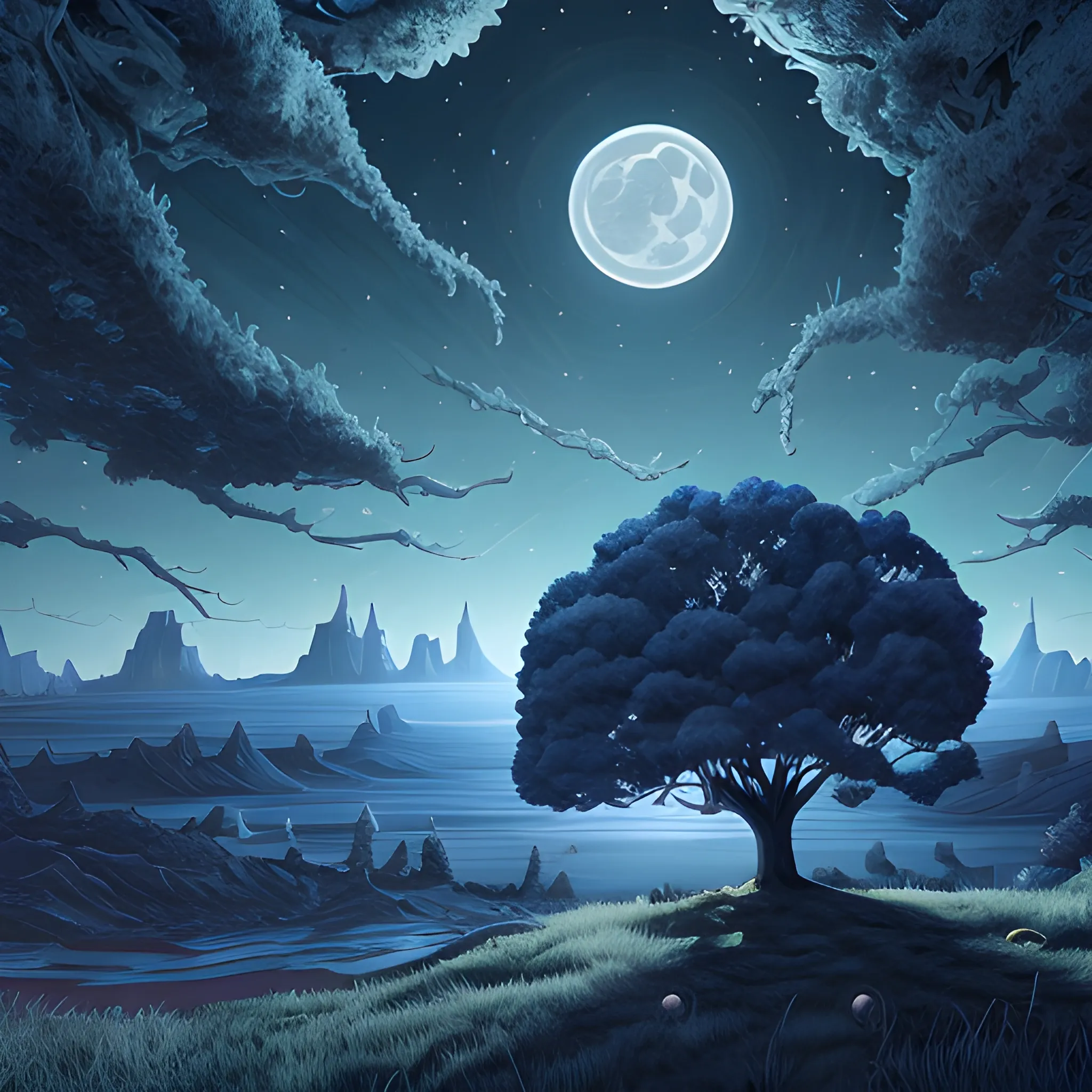 High detail, comic book style illustration, blue landscape scene with a tree under the moonlight, surreal style, 16k extreme detail, unreal engine