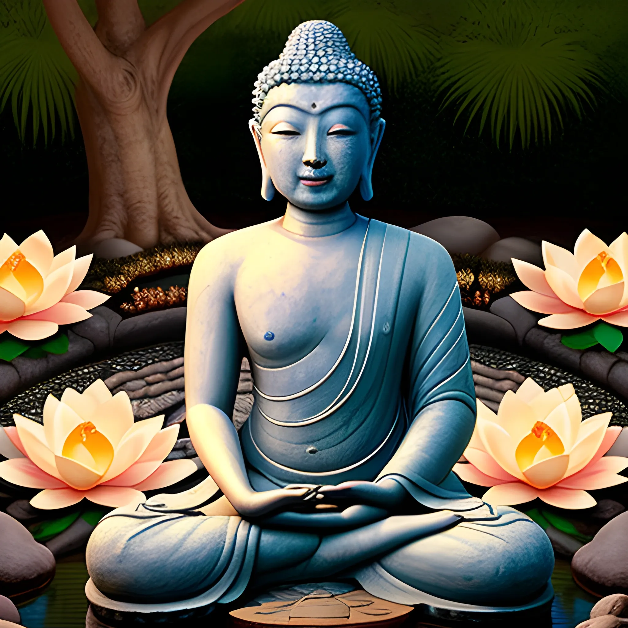 Buddha personified as an actual human (not a statue), asian man dressed as the buddha in a lotus position, in contemplation under the tree of wisdom, peaceful features, mood of spiritual gratitude, extremely detailed eyes, his skin and eyes illuminated by a starless night. Buddha in a beautiful zen garden, perfect lighting for enlightenment., Oil Painting