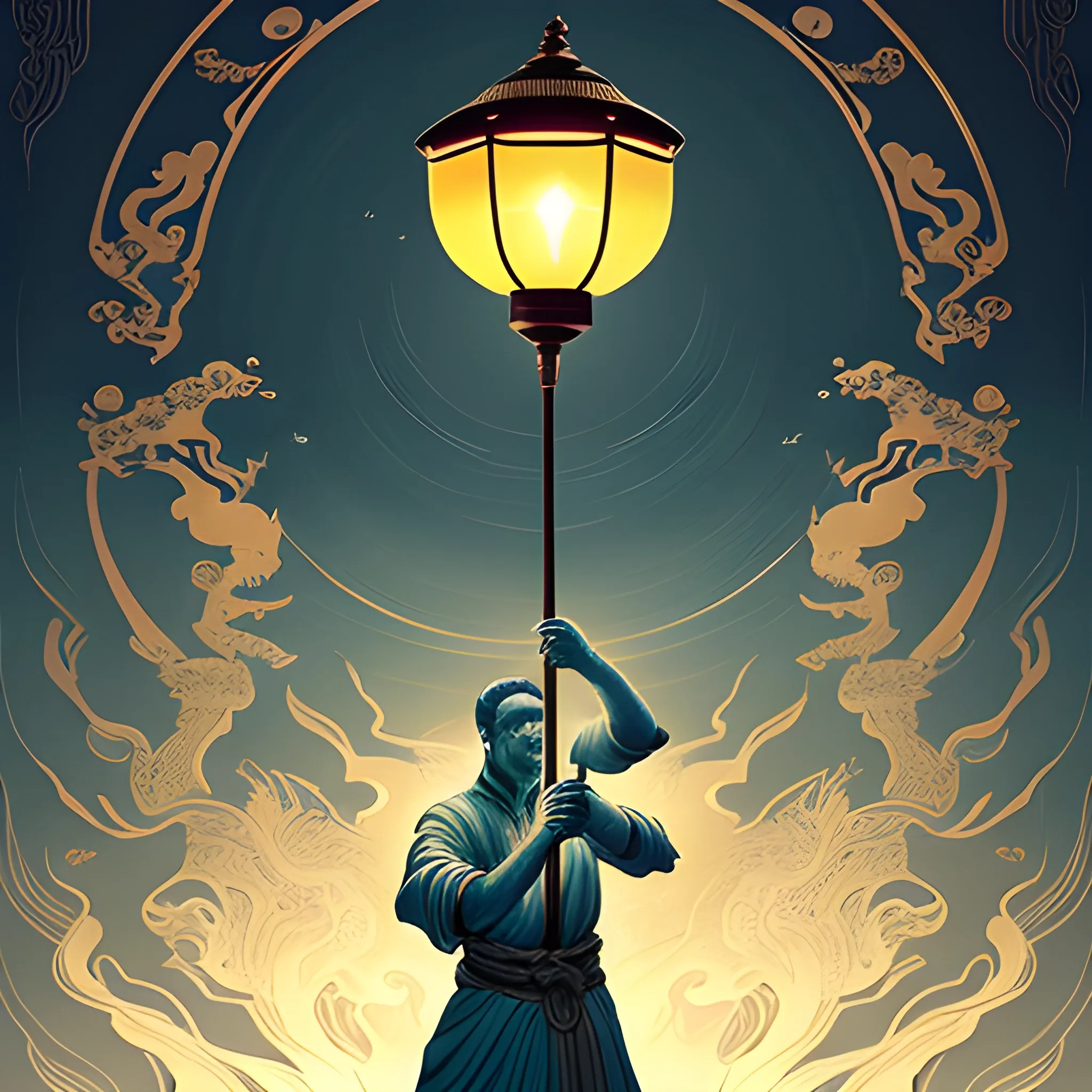 A man holds a lamp in the style of an epic fantasy scene, chinoiserie, ethereal illustration, swirls, to bring light to the world when night falls, Cartoon