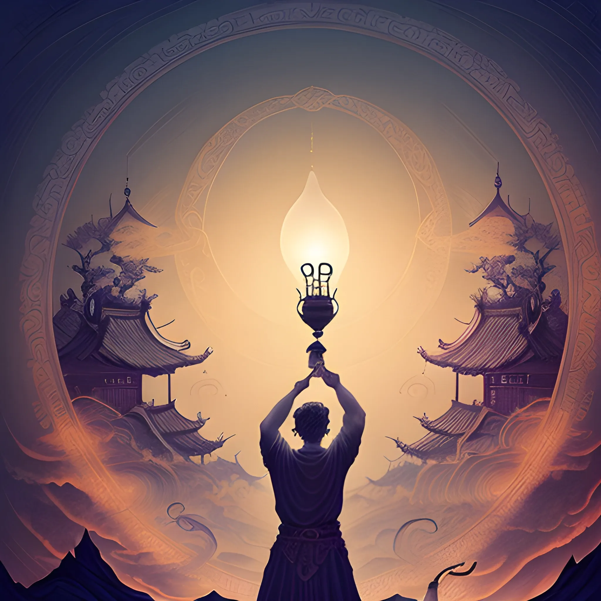 A man holds a lamp in the style of an epic fantasy scene, chinoiserie, ethereal illustration, swirls, to bring light to the world when night falls