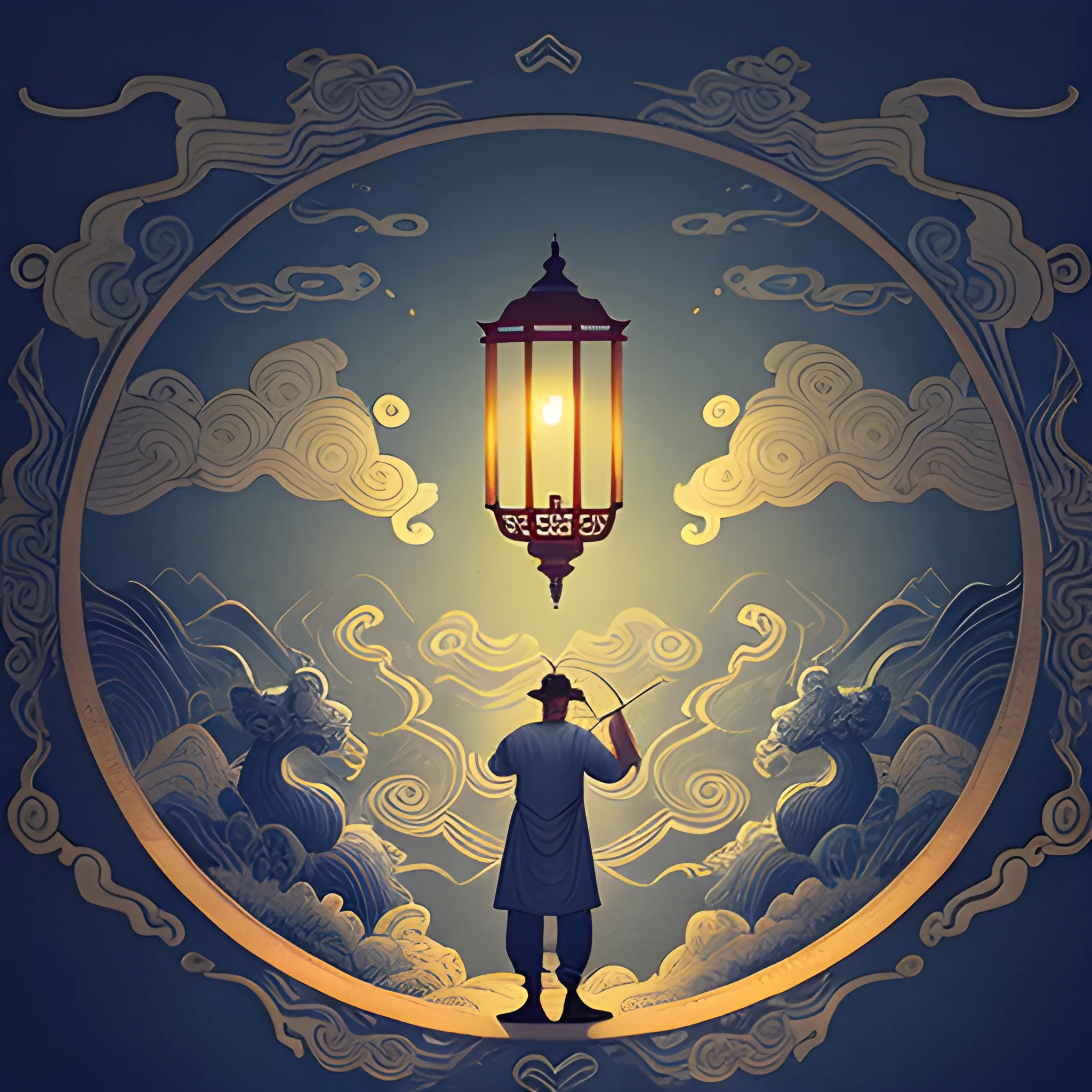 A man holds a lamp in the style of an epic fantasy scene, chinoiserie, ethereal illustration, swirls, to bring light to the world when night falls