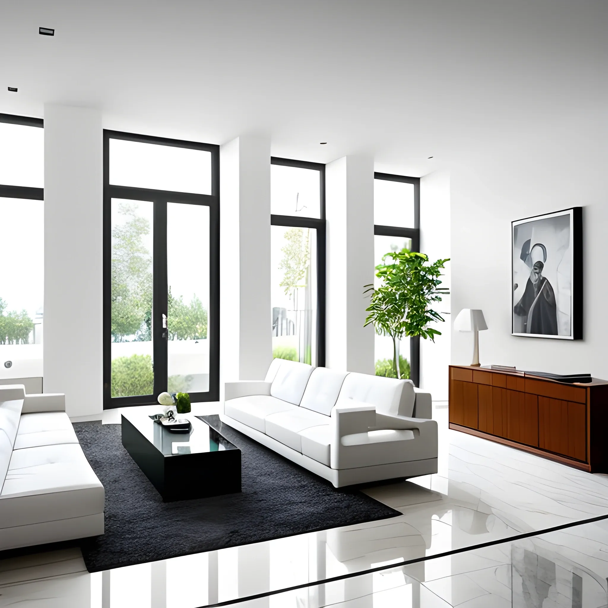 A modern living room with a beautiful white marble table between 2 white sofas ,on the left of the living room there are floor to ceiling glass window and on the right of the living room there are wooden stairs to the second floor, 8k resolution, professional interior design photograph