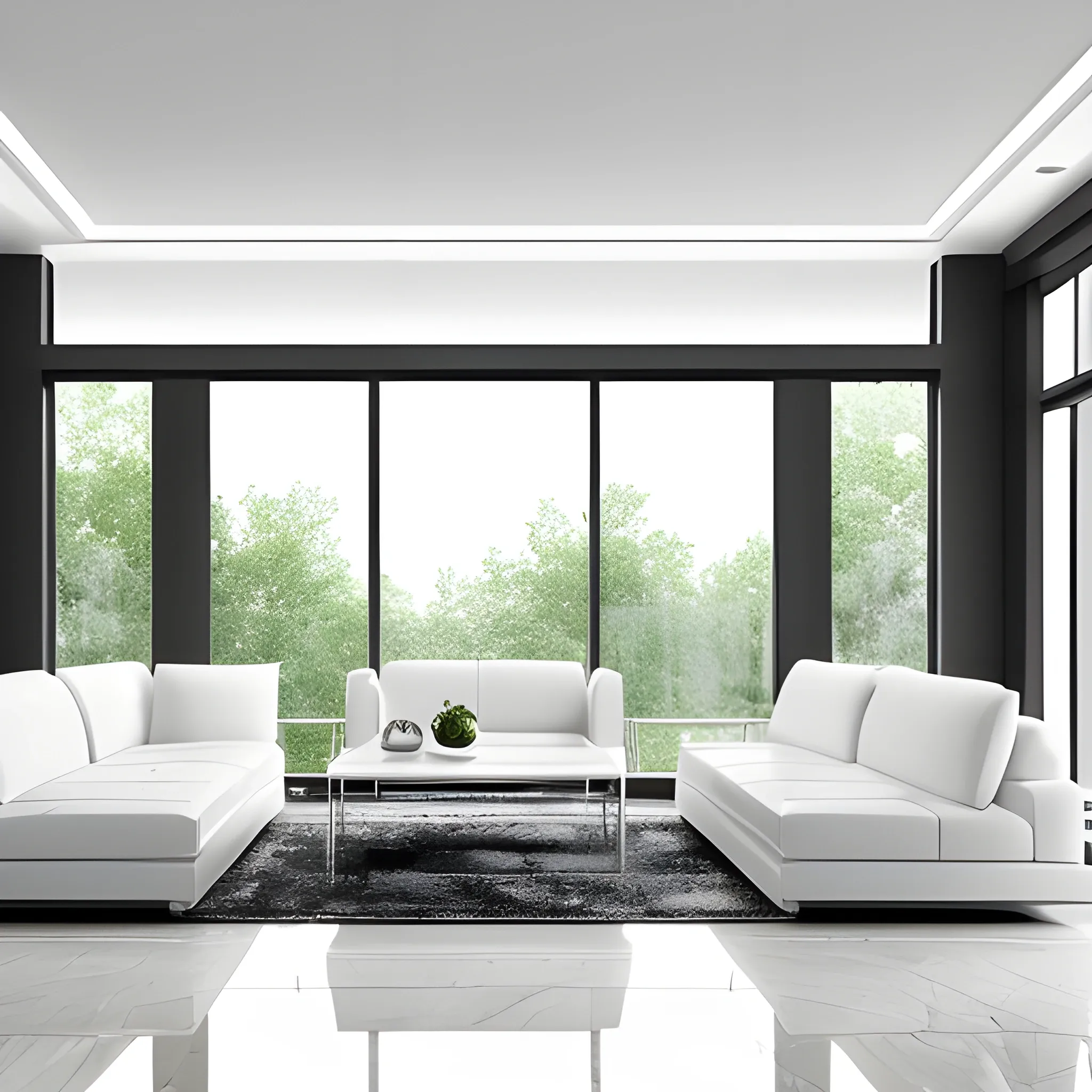 A modern living room with a beautiful white marble table between 2 white sofas ,on the left of the living room there are floor to ceiling glass window and on the right of the living room there are wooden stairs to the second floor, 8k resolution, professional interior design photograph