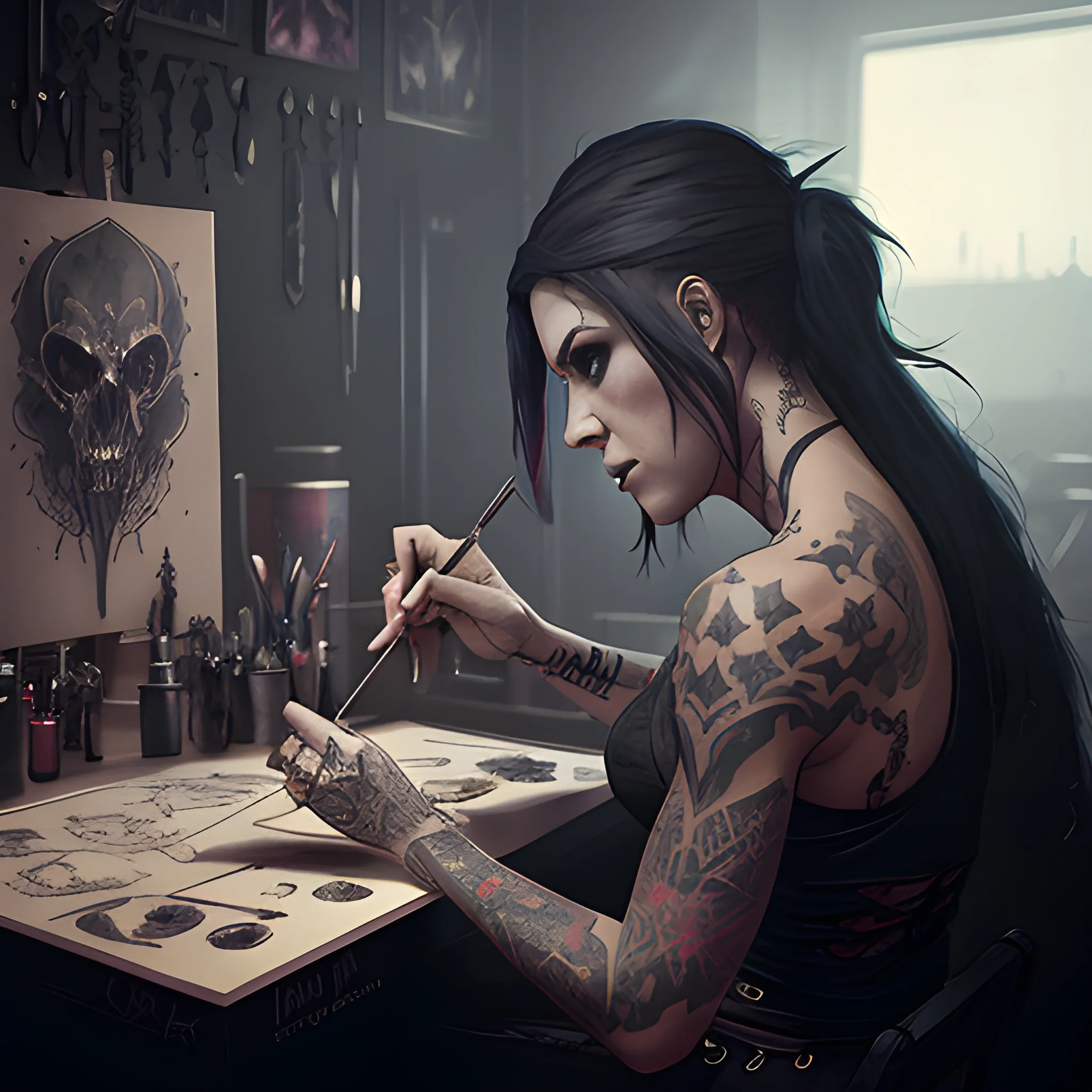female tattoo artist in gothic tattoo studio, greg rutkowski - Arthub.ai