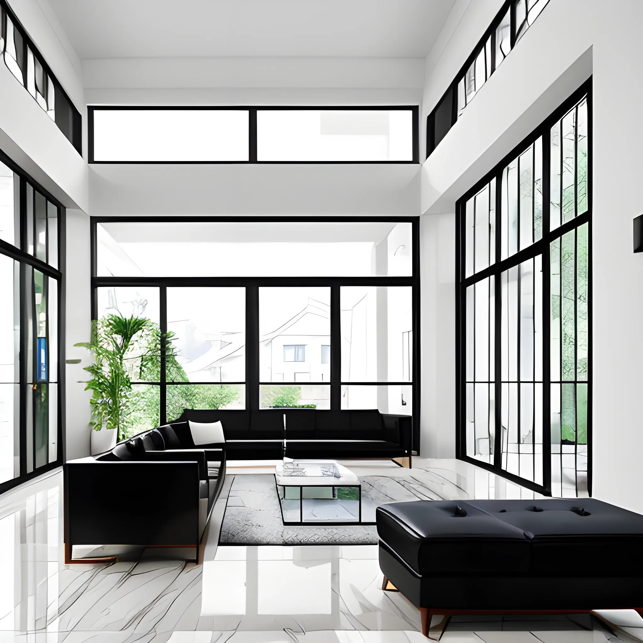 A modern living room with a beautiful white marble table between 2 black sofas ,on the left of the living room there are floor to ceiling glass window and on the right of the living room there are wooden stairs to the second floor, 4k resolution, professional interior design photograph