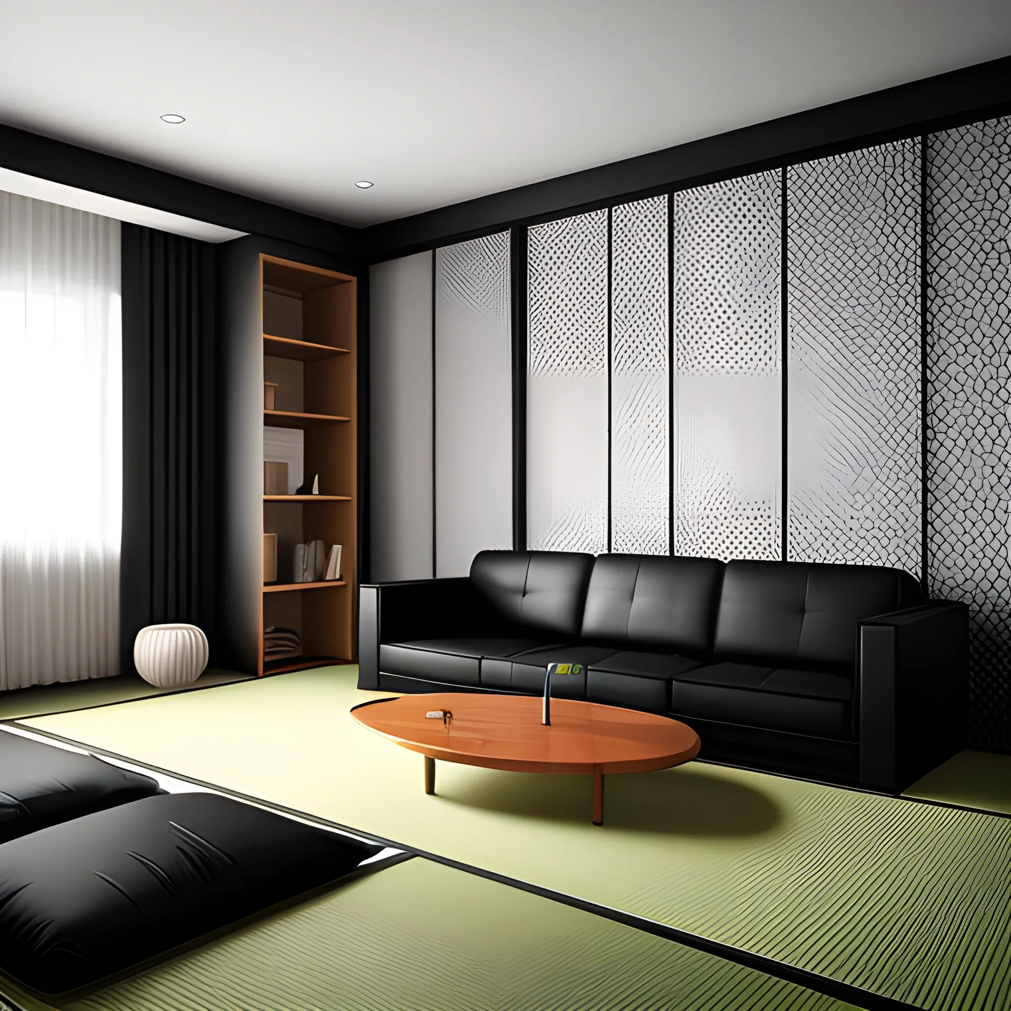 A modern living room with a black bar, black leather sofa set, in a corner of the room, to the left of the room there is a white wall with some Japanese katanas and a medieval sword in the middle, 4k resolution, professional interior design photography