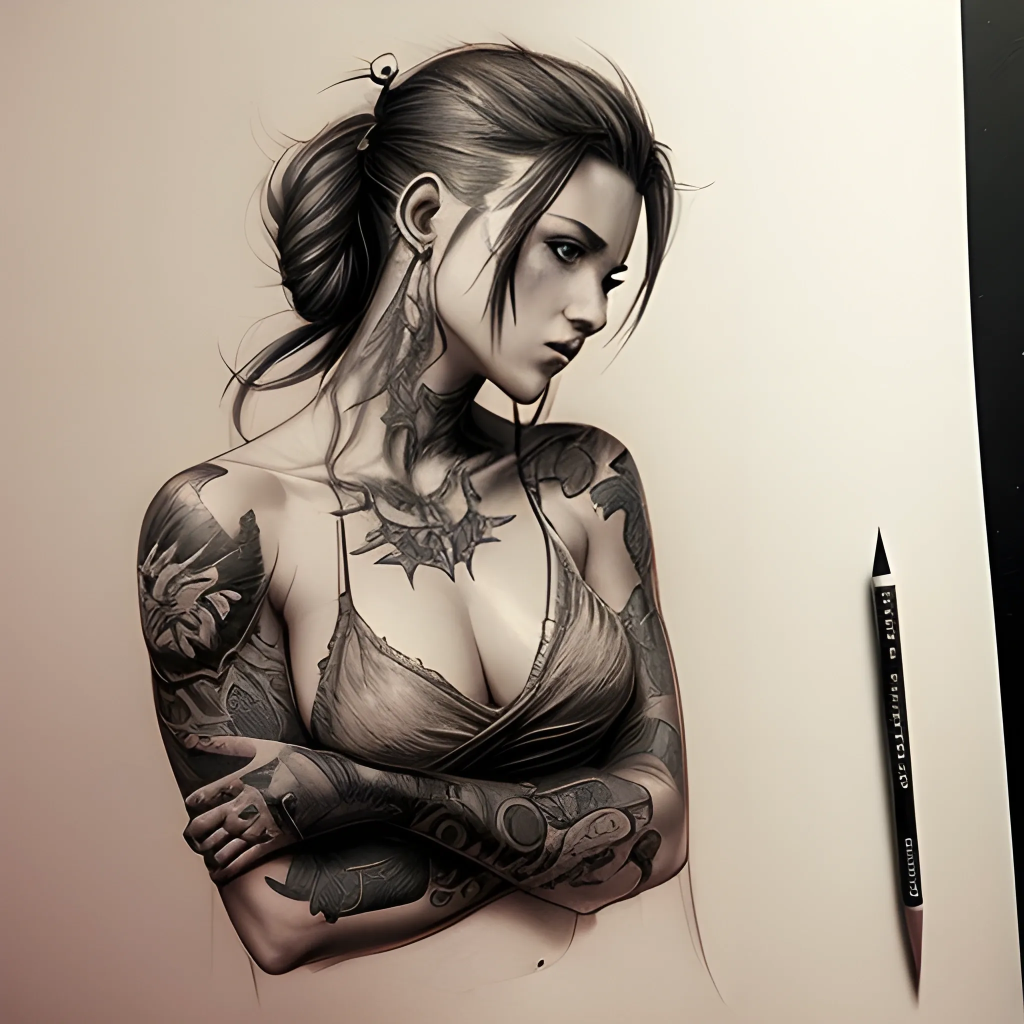 female tattoo artist in  tattoo studio, greg rutkowski , Pencil Sketch