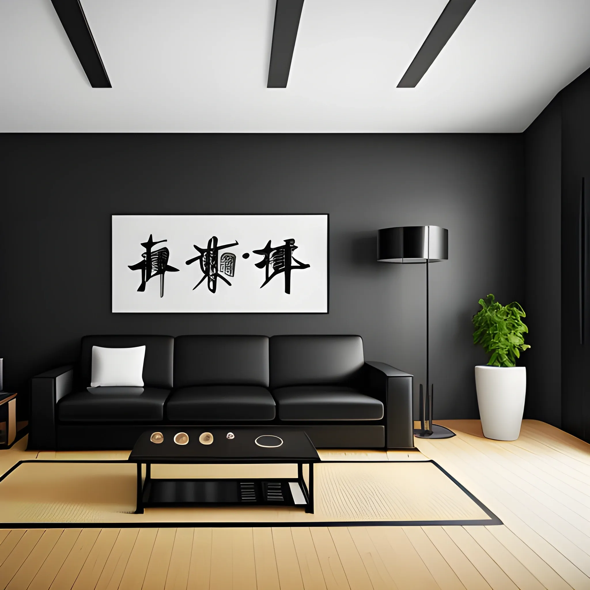 A modern living room with a black bar, black leather sofa set, in a corner of the room, on the left of the room is a white wall with 6 japanese swords and a medieval sword in the middle, 4k resolution, professional interior design photography