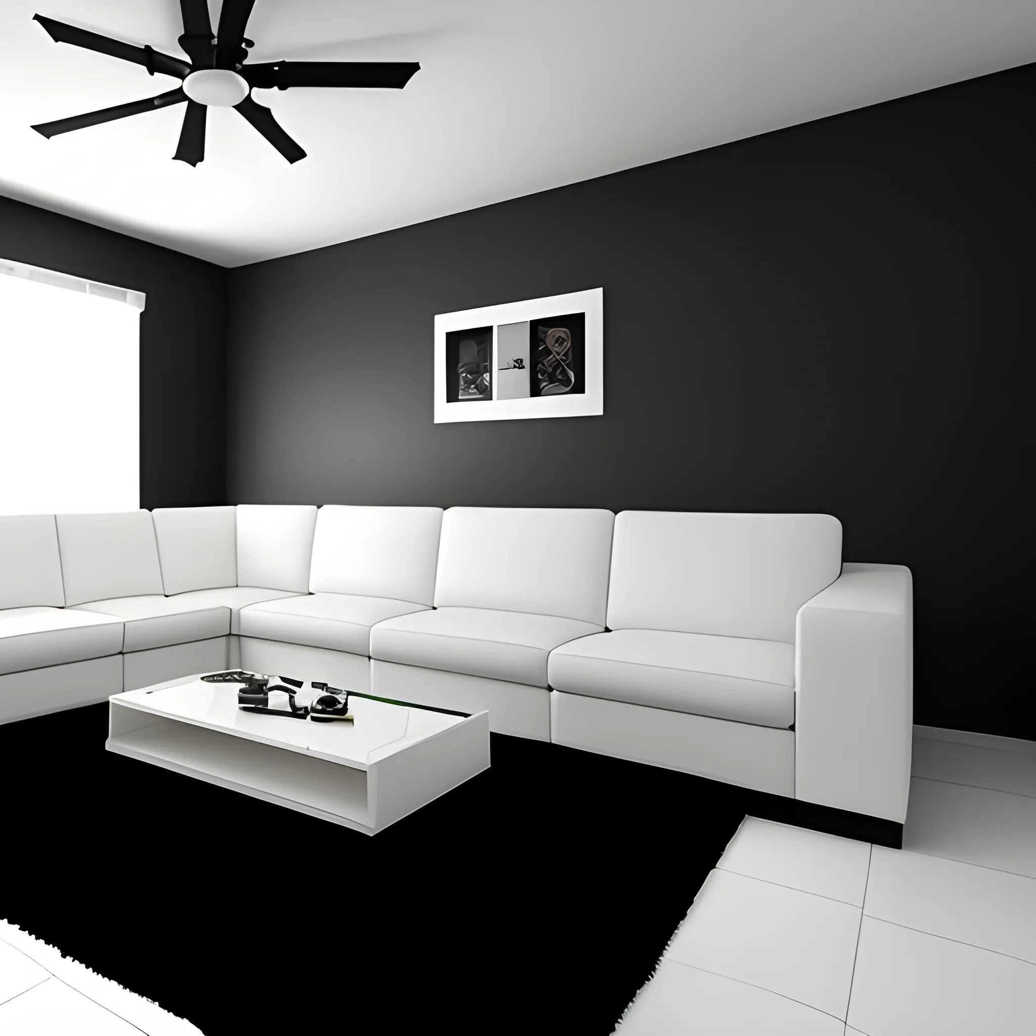 Una sala de estar moderna con, juego de sofa en cuero negro, con una pared blanca con 6 espadas en el medio, resolución 4k, fotografía profesional de diseño de interiores