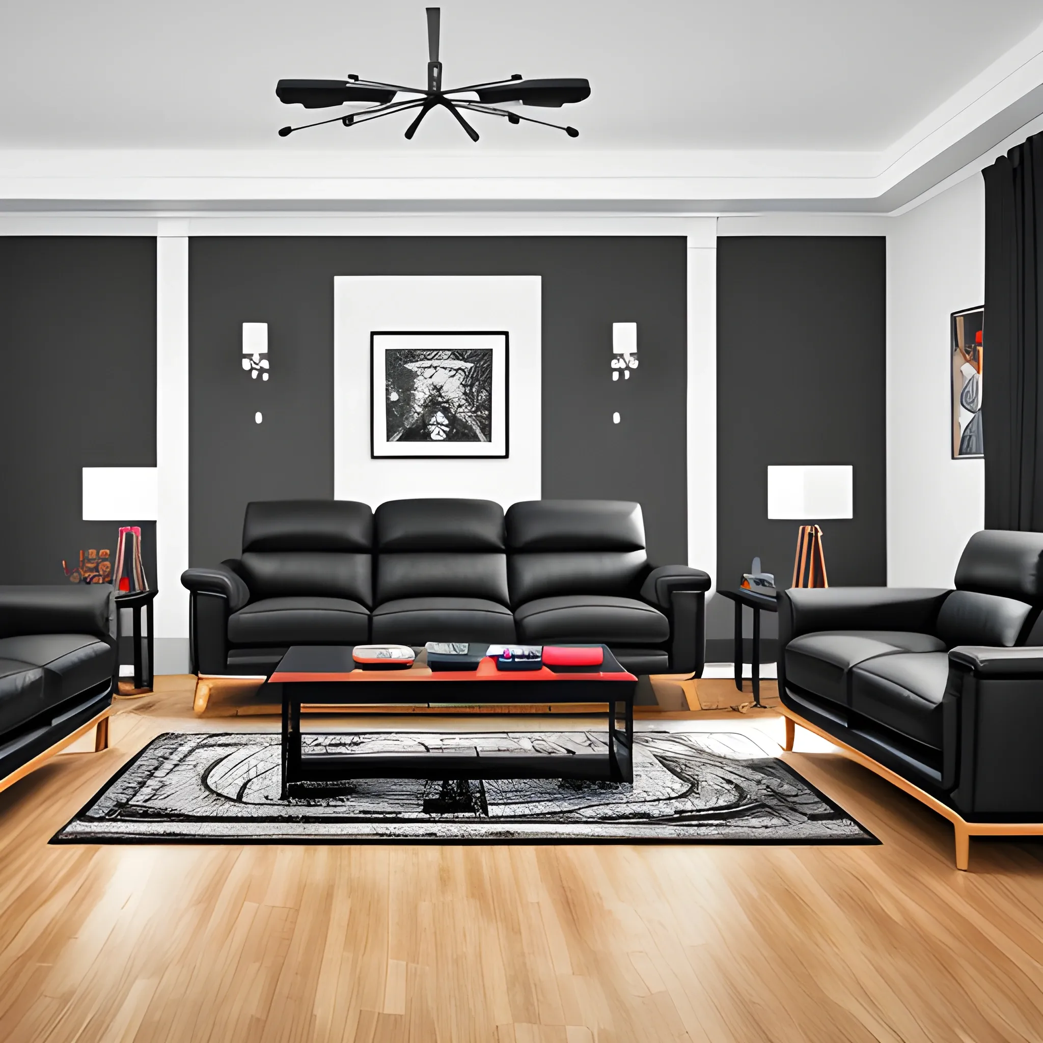 A modern living room with, black leather sofa set, with a white wall with 6 swords in the middle, colored wooden floor
 smoky gray, 4k resolution, photography with 35mm camera.