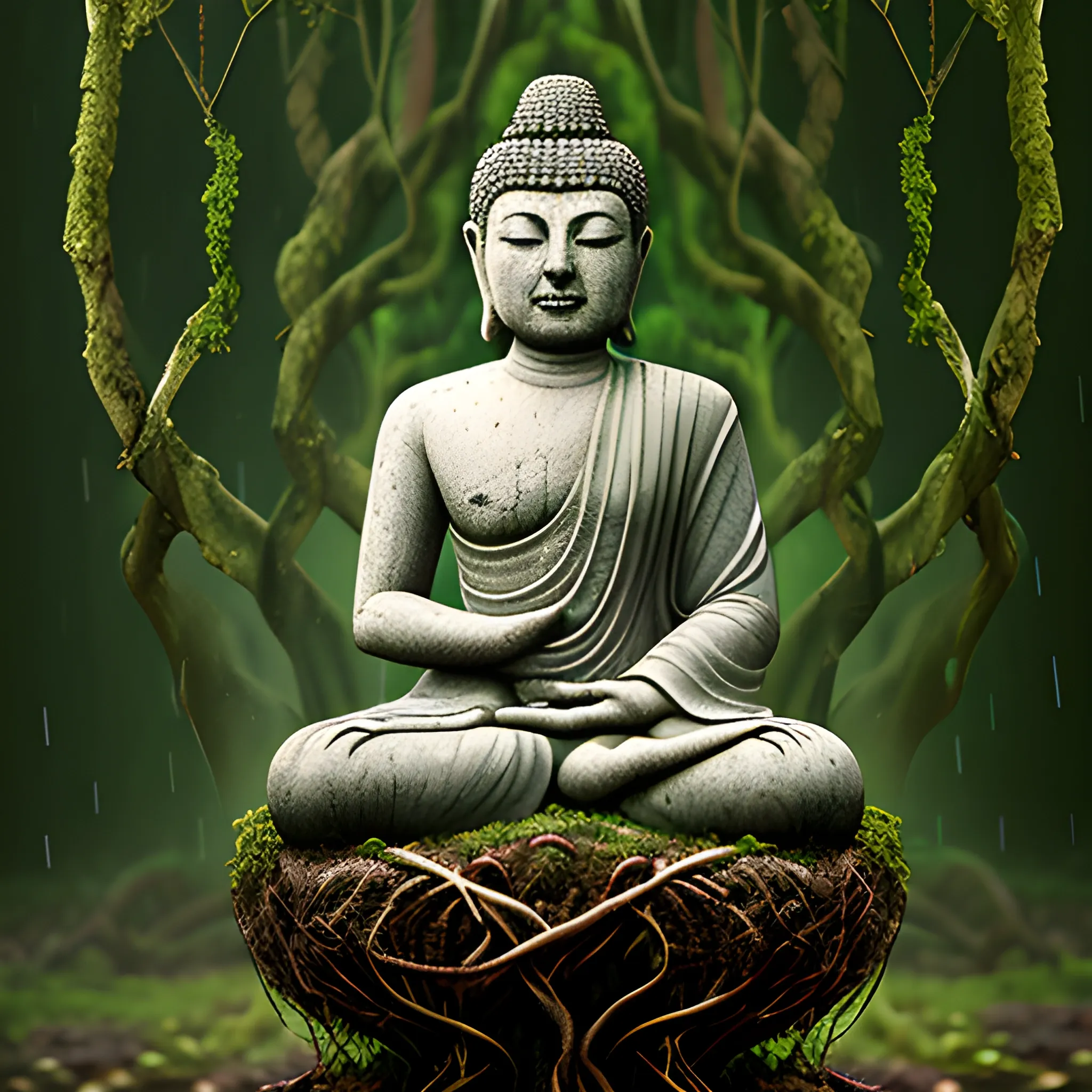 stone buddha entwited in vines and roots, raining
, Oil Painting, 3D