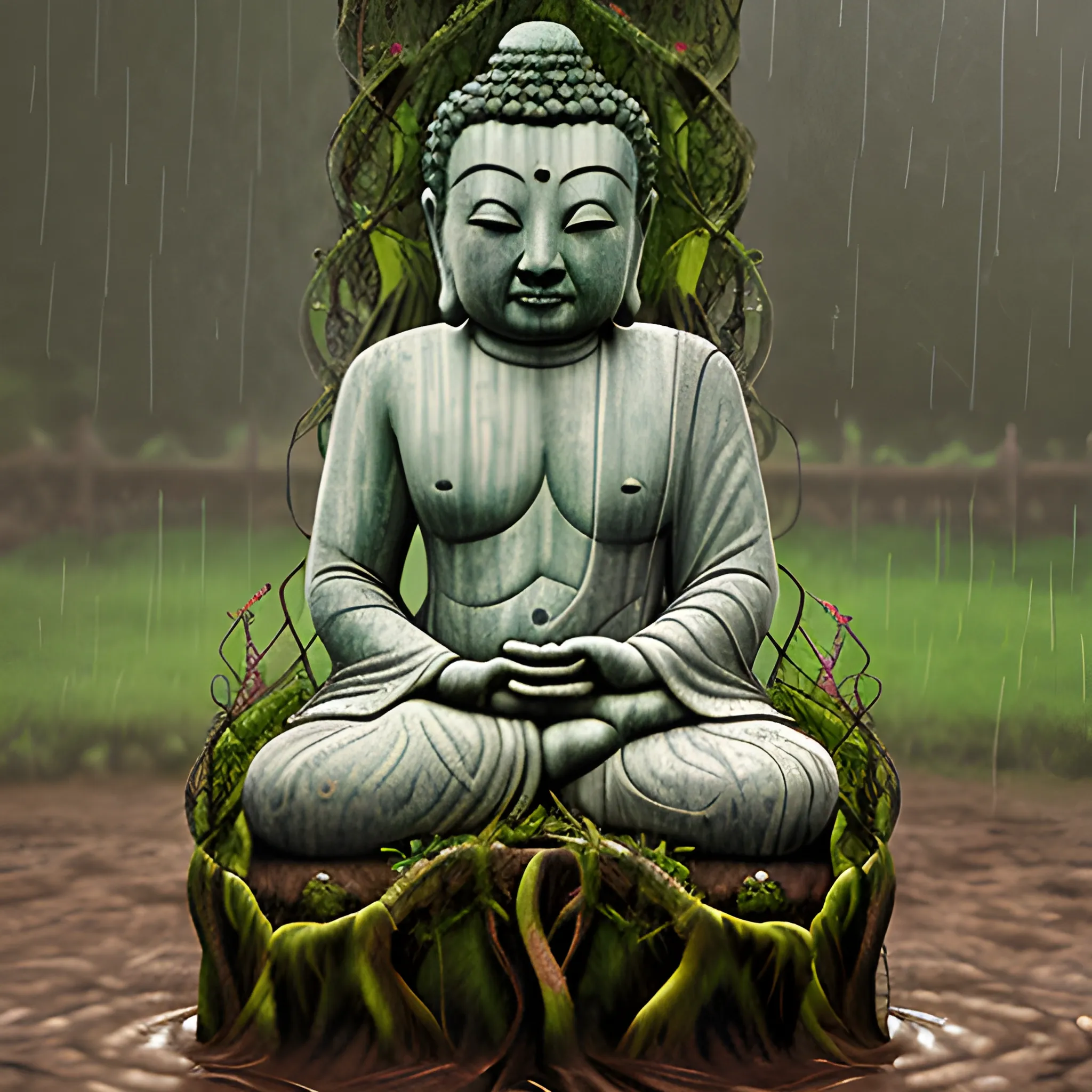 stone buddha entwited in vines and roots, raining
, Oil Painting, 3D, Pencil Sketch