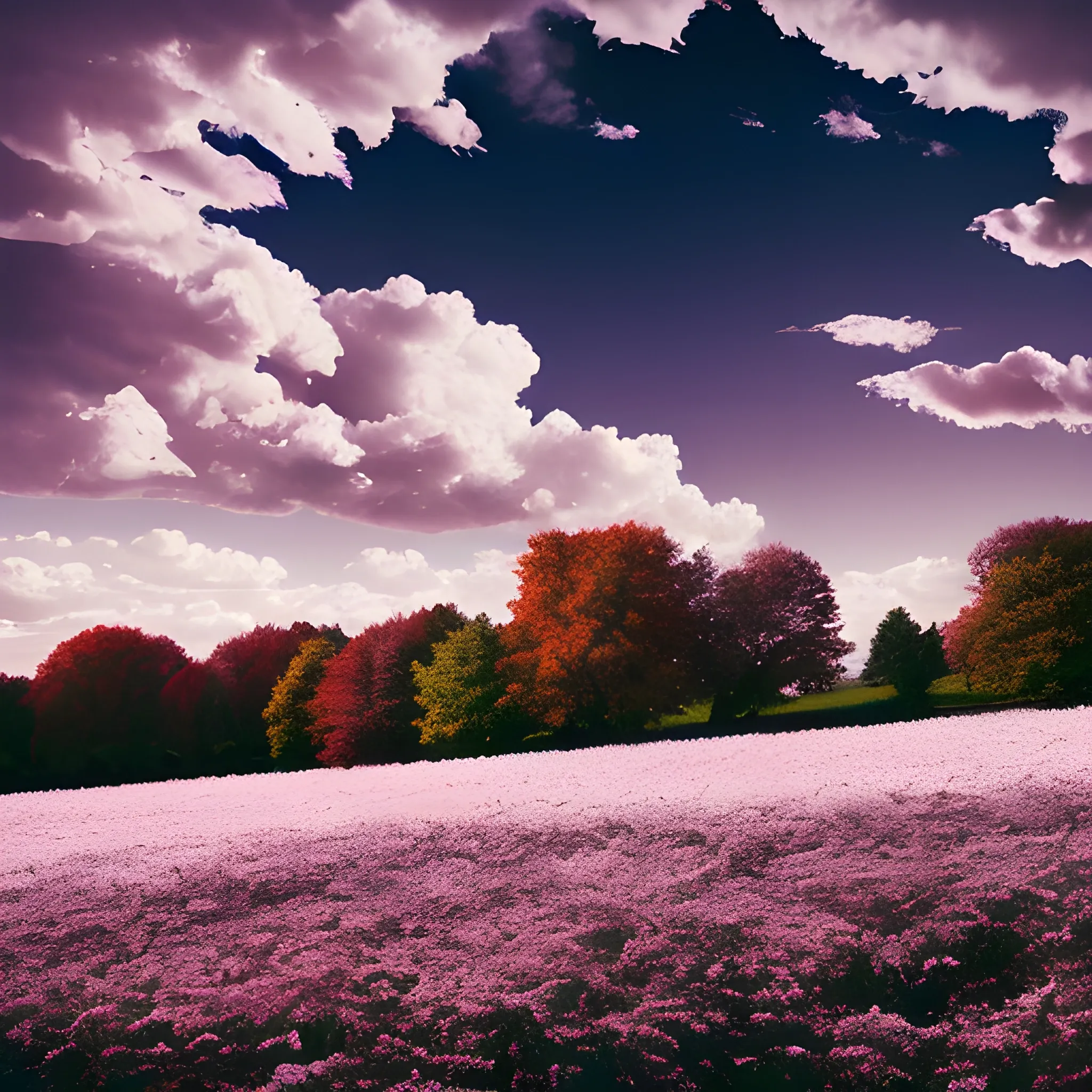 white purple sky, beige-white clouds, falling red and purple leaves, a field of delicate white-beige flowers, cinematic