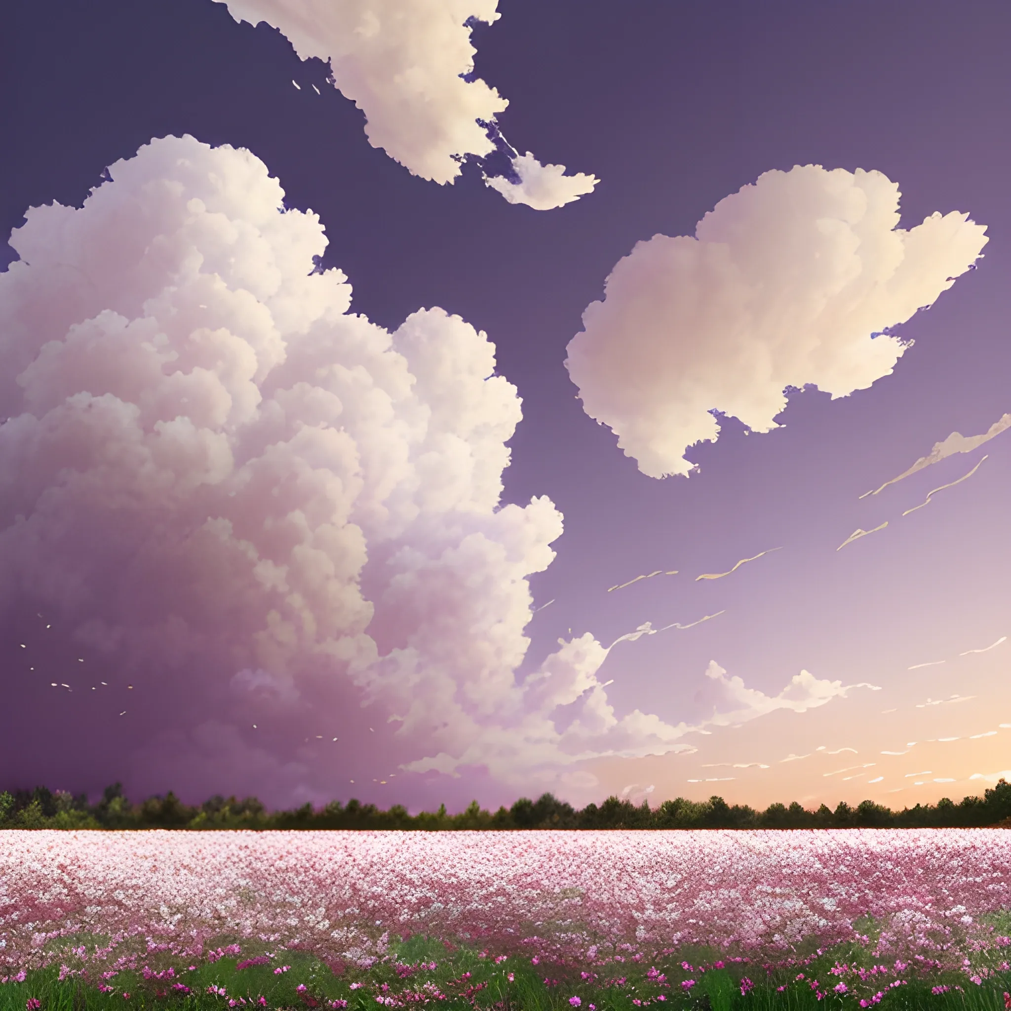 white purple sky, beige-white clouds, falling red and purple leaves, a field of delicate white-beige flowers, highly detailed and high quality