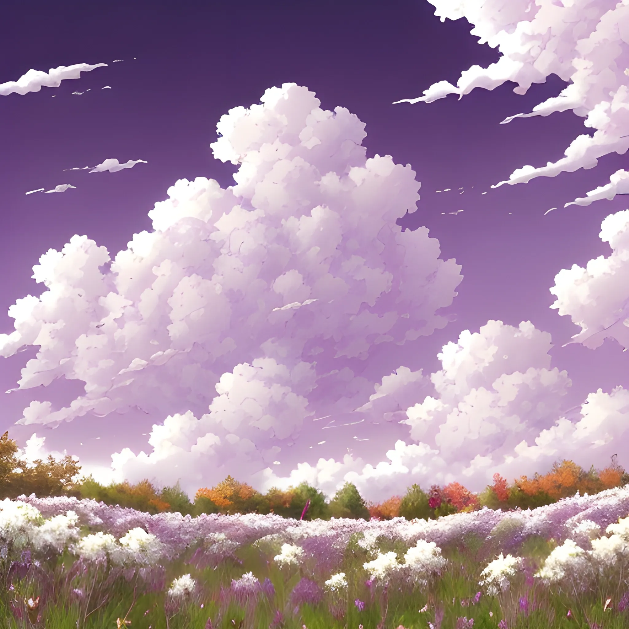 white purple sky, beige-white clouds, a lot of clouds, falling red and purple leaves, a field of delicate white-beige flowers, sakuro on the sides left and right, highly detailed and high quality