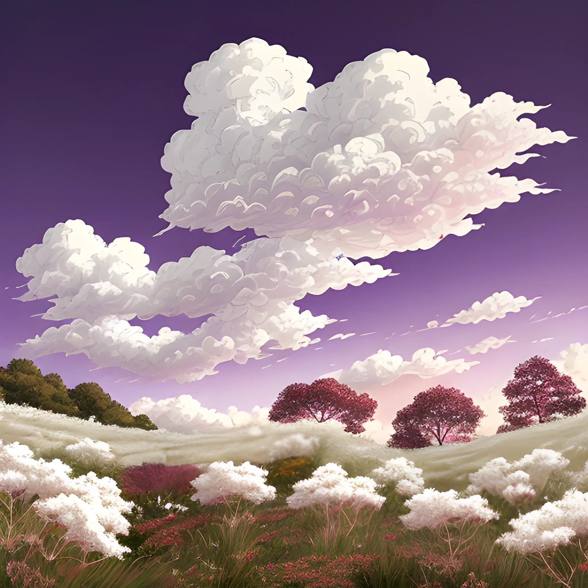 white purple sky, beige-white clouds, a lot of clouds, falling red and purple leaves, a field of delicate white-beige flowers, sakuro on the sides, highly detailed and high quality