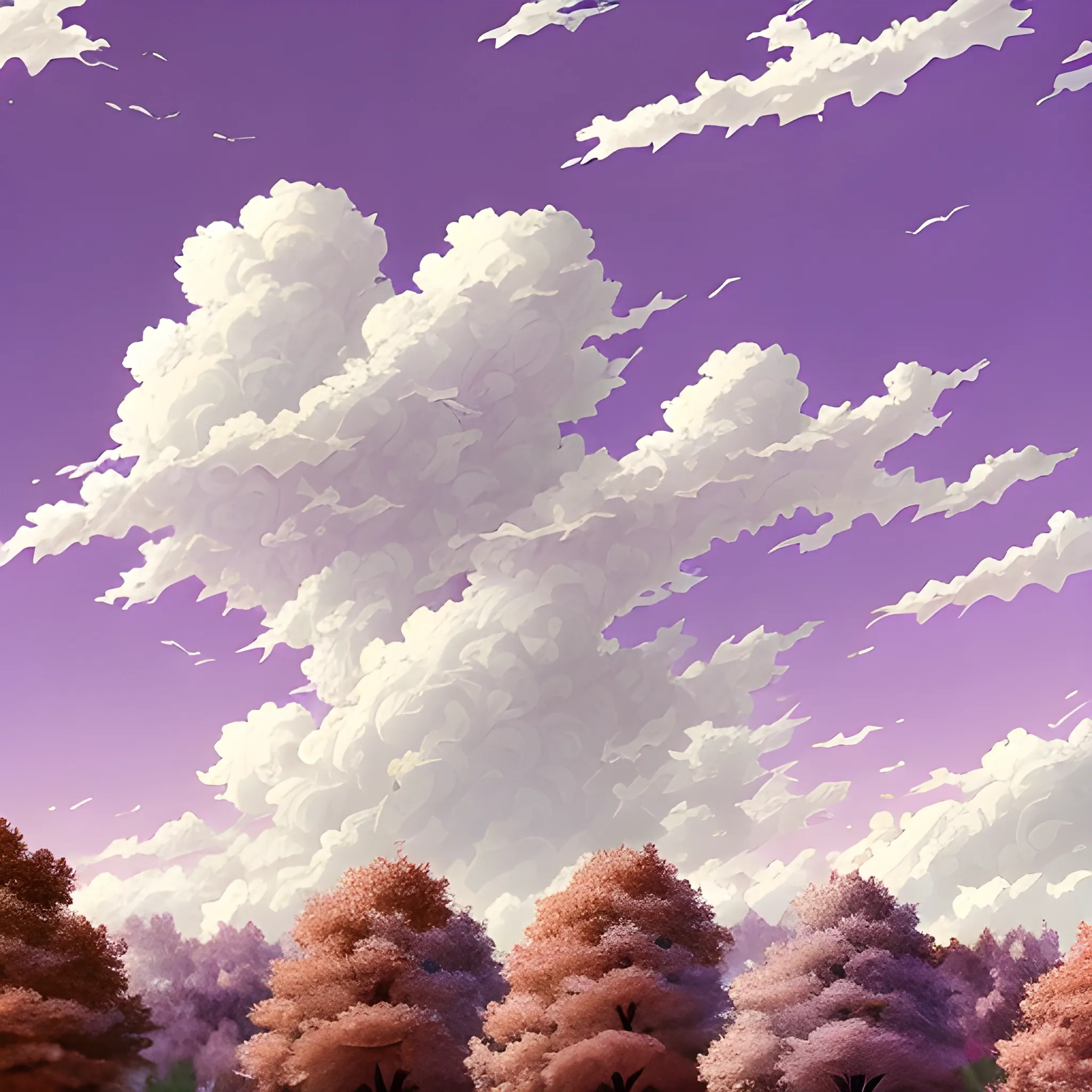 white purple sky, beige-white clouds, a lot of clouds, falling red and purple leaves, a field of delicate white-beige flowers, sakuro on the sides, highly detailed and high quality