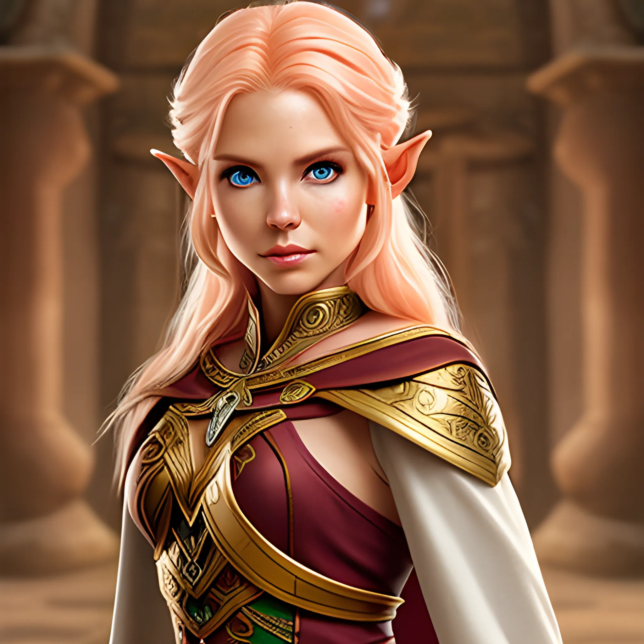 elf, female, ranger, priestess, hair rose short, skin color peach, eyes color gold