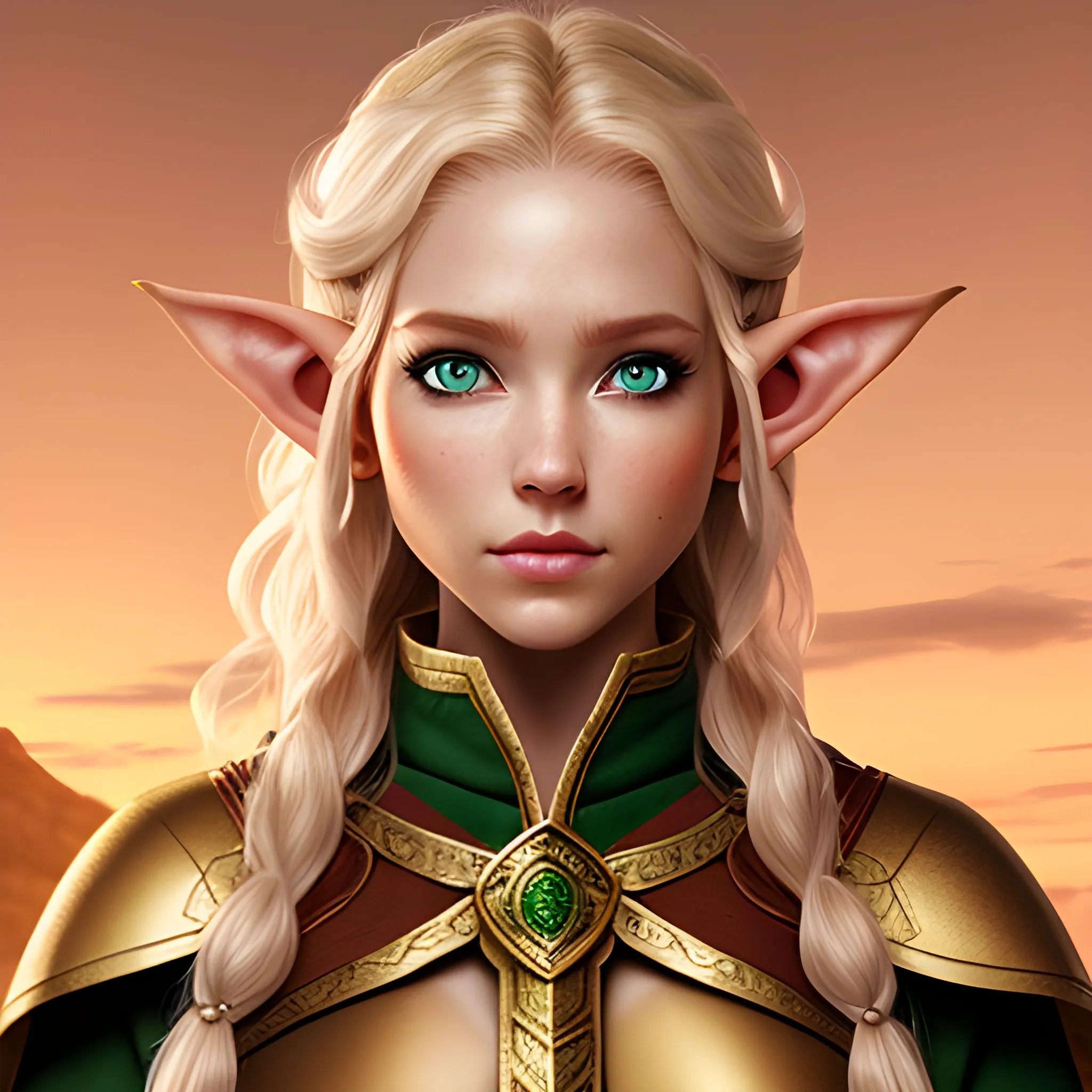 elf, female, ranger, priestess, hair rose short, skin color peach and her eyes has color gold