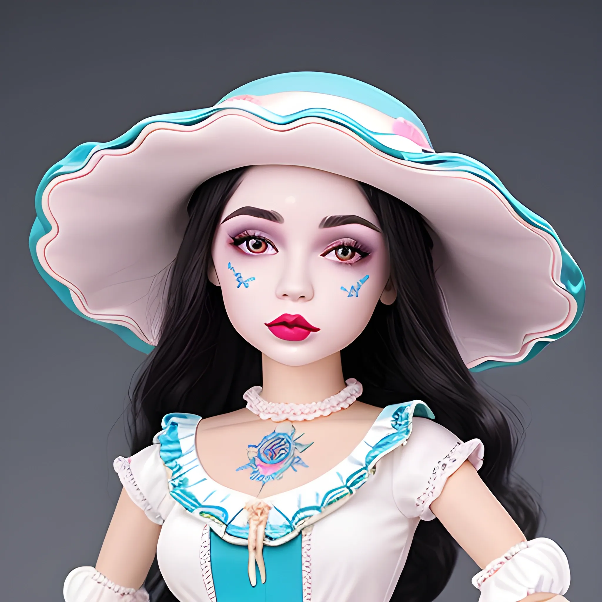 mujer joven de piel de porcelana como una muñeca, sombrero de bruja color blanco con cabello largo y azul celeste, labios pequeños y rosados, ojos de color azul y grandes. vestido blanco y detalles en oro.