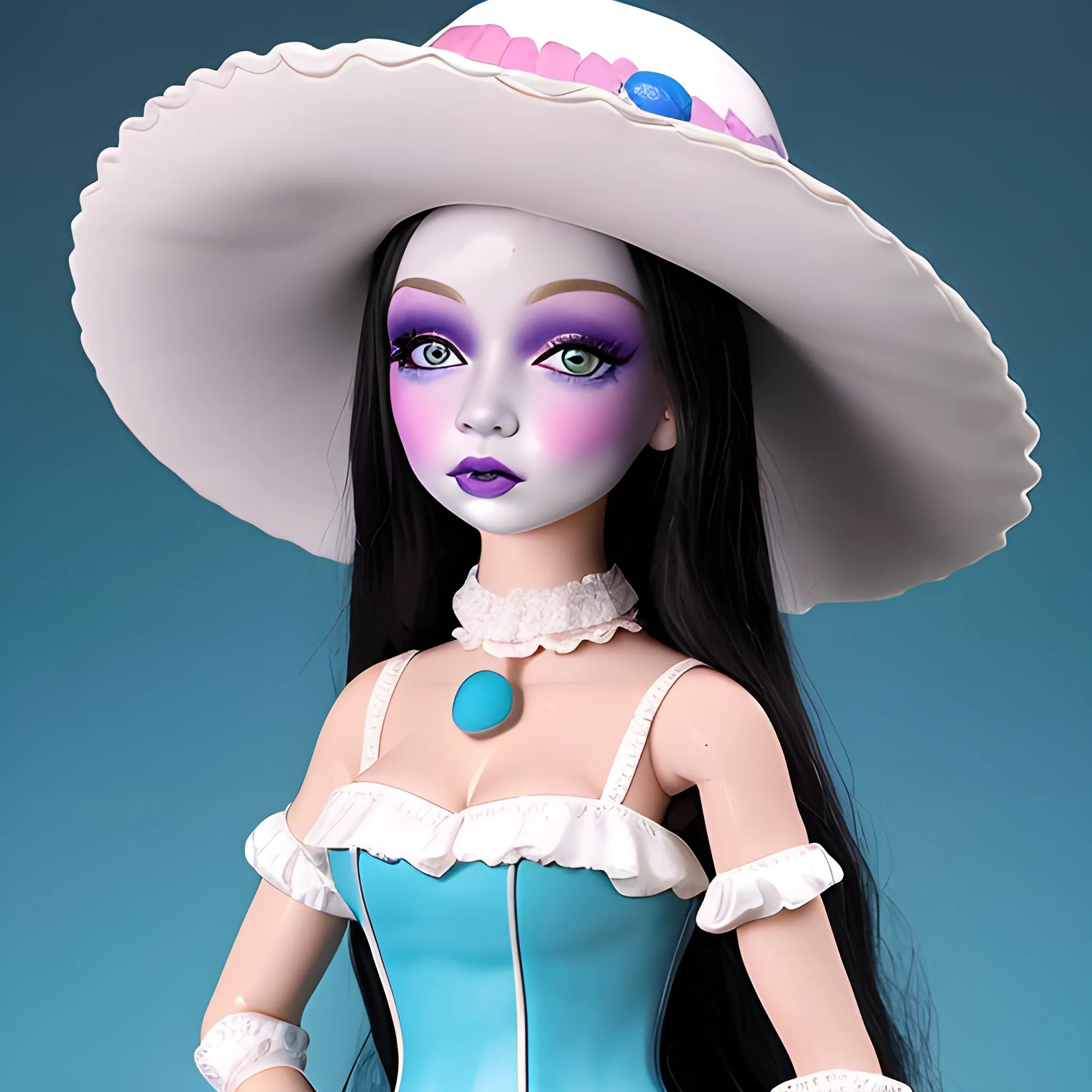 mujer joven de piel de porcelana como una muñeca, sombrero de bruja  puntiagudo de color blanco con cabello largo y azul celeste, labios pequeños y rosados, ojos de color azul y grandes. vestido blanco y detalles en oro.