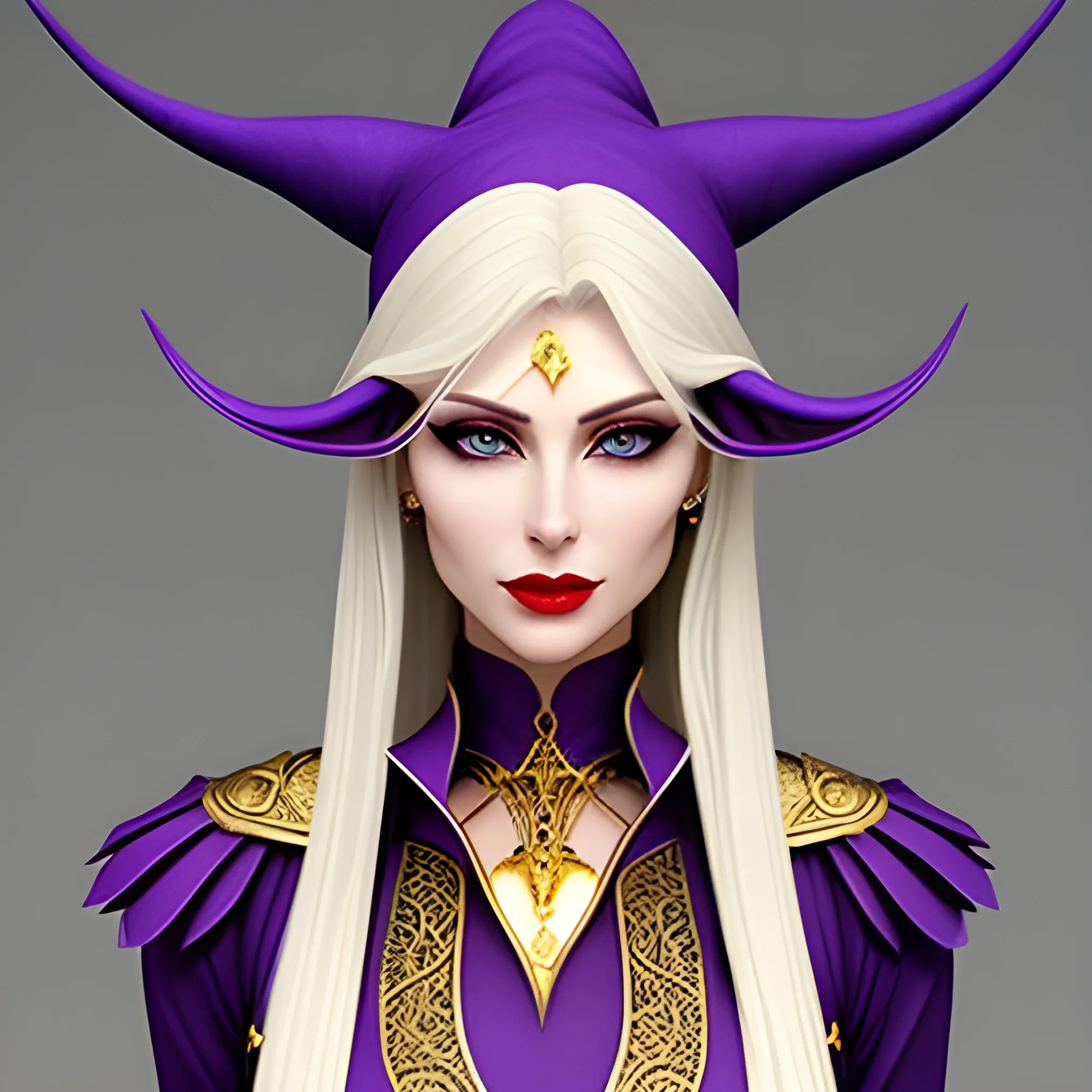 Create an image of a 16-year-old young woman with features and characteristics inspired by elves. She should have large, beautiful violet eyes, smooth and flawless porcelain skin. Her hair should be long, fine, and in a shade that harmonizes with the overall design. The main attire will be an elegant and detailed witch hat, complemented by magical and golden feminine armor. The clothing and accessories, including earrings, bracelets, or necklace, should be made of shining gold.

Additional details:

Ensure that the woman's face reflects grace and wisdom, typical of elves.
The witch hat should have a mysterious touch and be decorated with magical symbols or runes.
The violet eyes should be intense and expressive, capturing the viewer's attention.
The porcelain skin should have a soft and luminous appearance.
The gold accessories should be delicate and intricately designed, highlighting the character's elegance.
(Note: Feel free to be creative and add any other details you consider appropriate to achieve a unique and captivating image of the young elf-like woman with a witch hat and golden accessories.) 3D