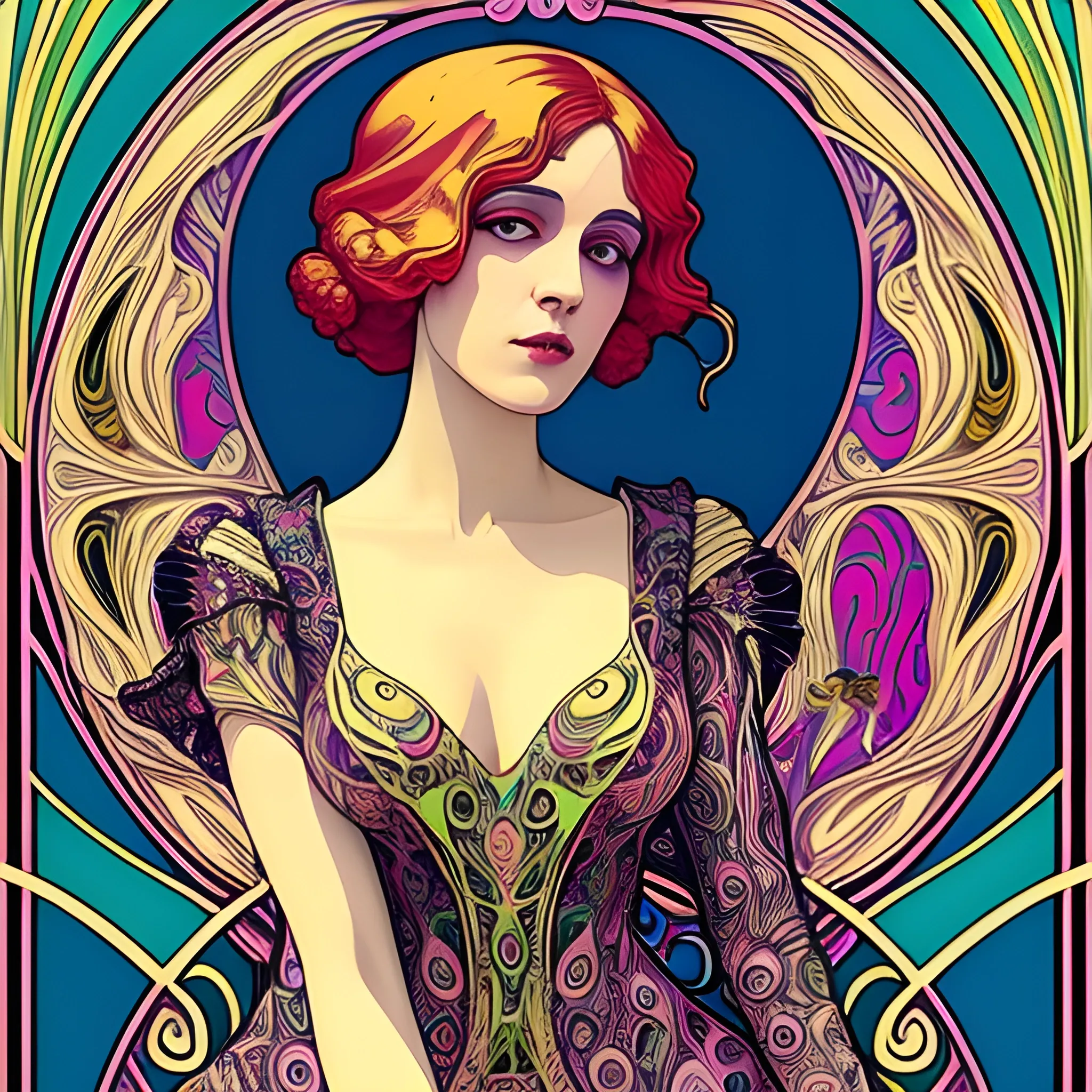 Art Nouveau painting, true aesthetics, stylish fashion shot of a beautiful woman posing in front of a psychedelic art nouveau style. Highly detailed, highest quality, Trippy