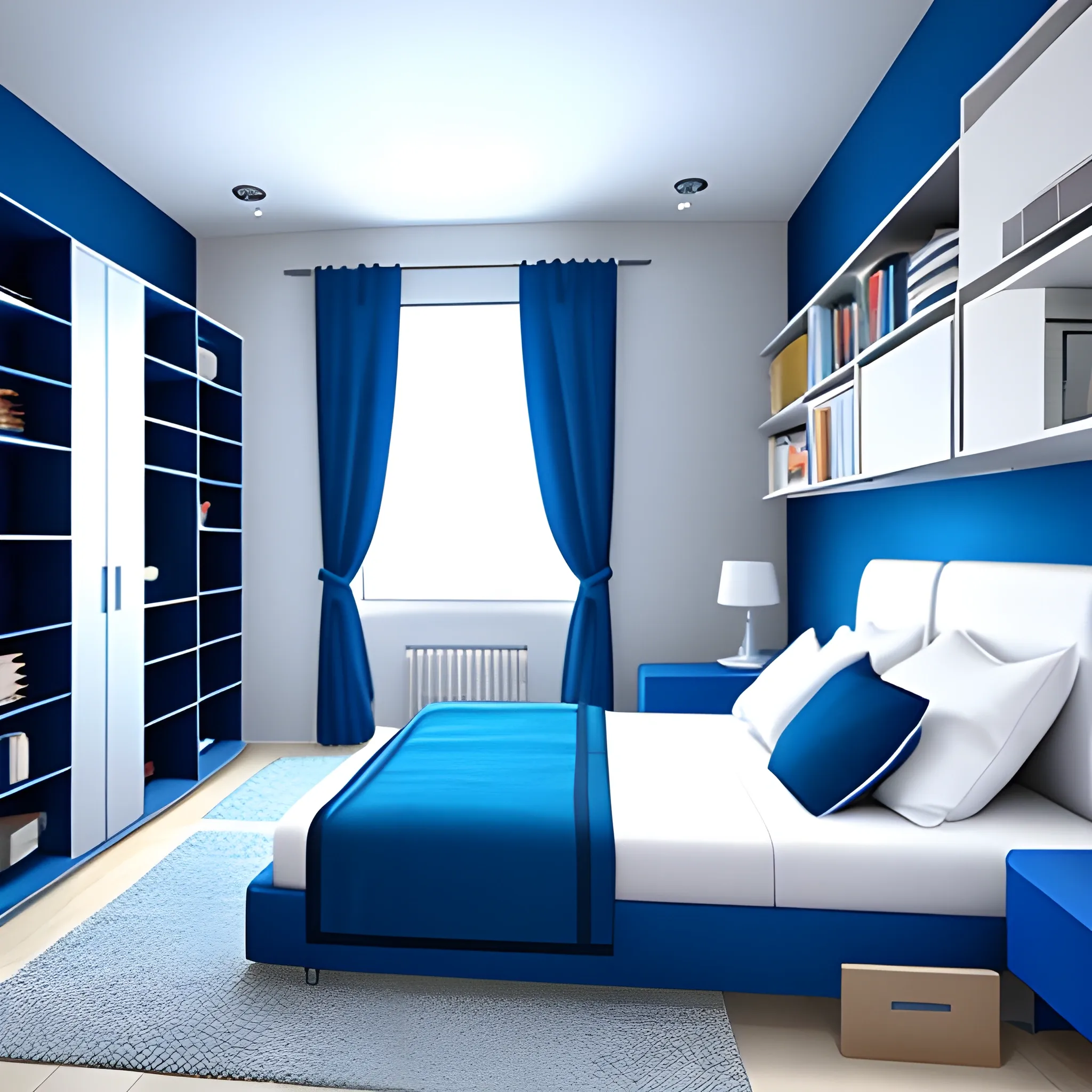 Modern style bedroom with a blue bed, a single sofa, a computer desk, a bookshelf, a closet, 3D