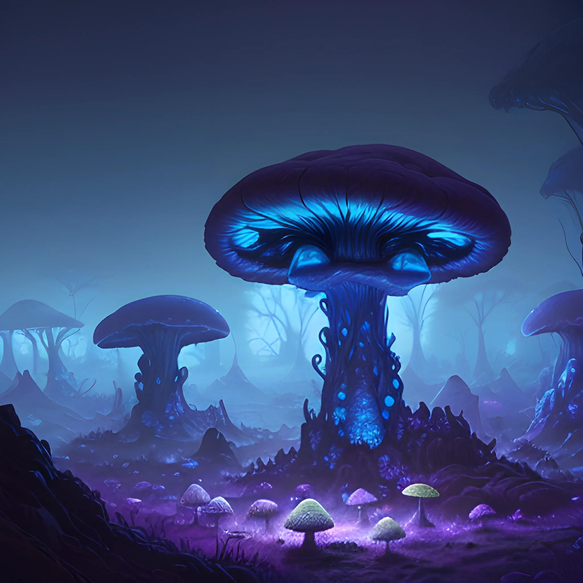 concept art painting of a fantasy alien fungal landscape at night, with glowing blue lights, glowing blue mushrooms, dark purple sky, realistic, detailed, cel shaded, in the style of makoto shinkai and greg rutkowski and albert bierstadt and james gurney 