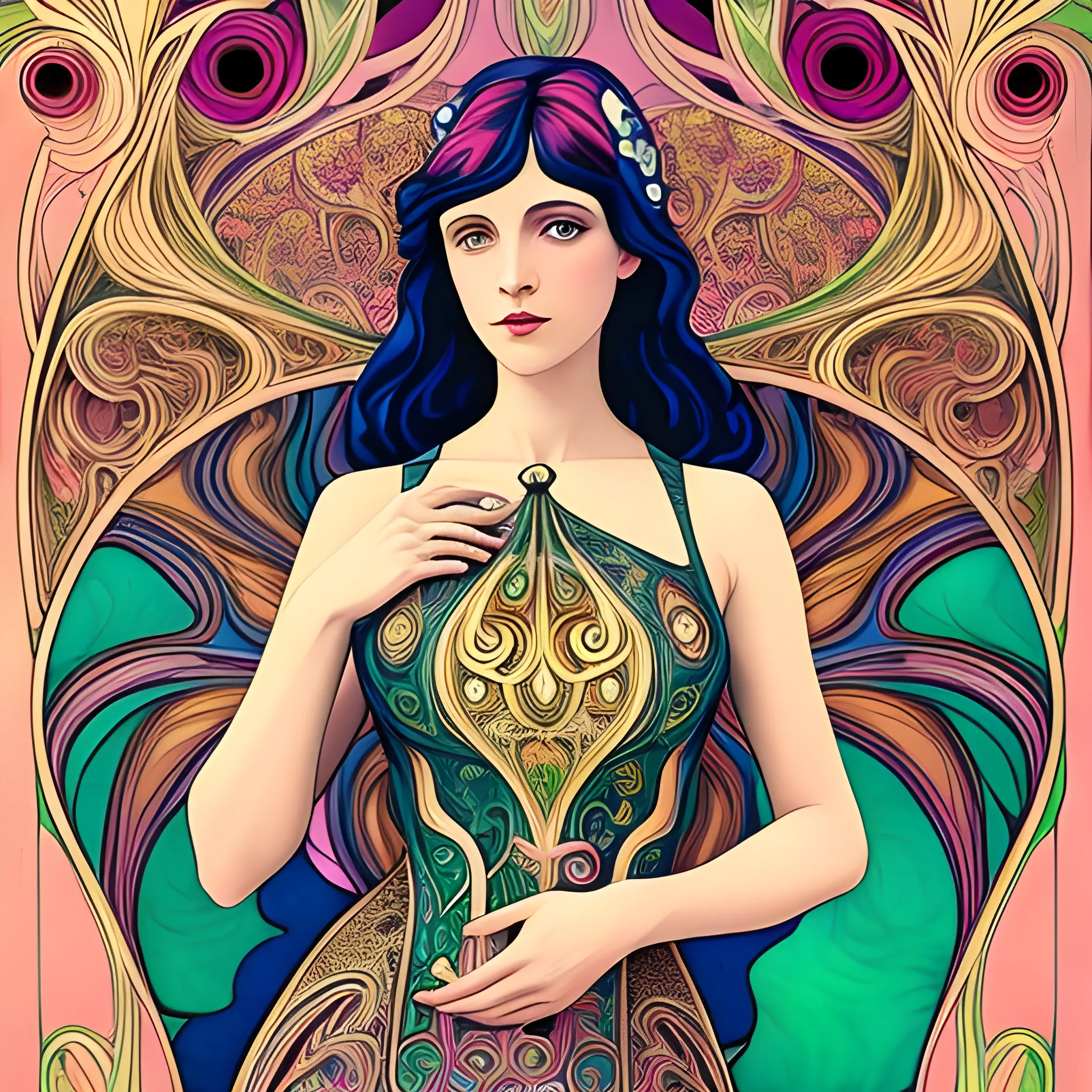 Art Nouveau painting, true aesthetics, stylish fashion shot of a beautiful woman posing in front of a psychedelic art nouveau style. Highly detailed, highest quality