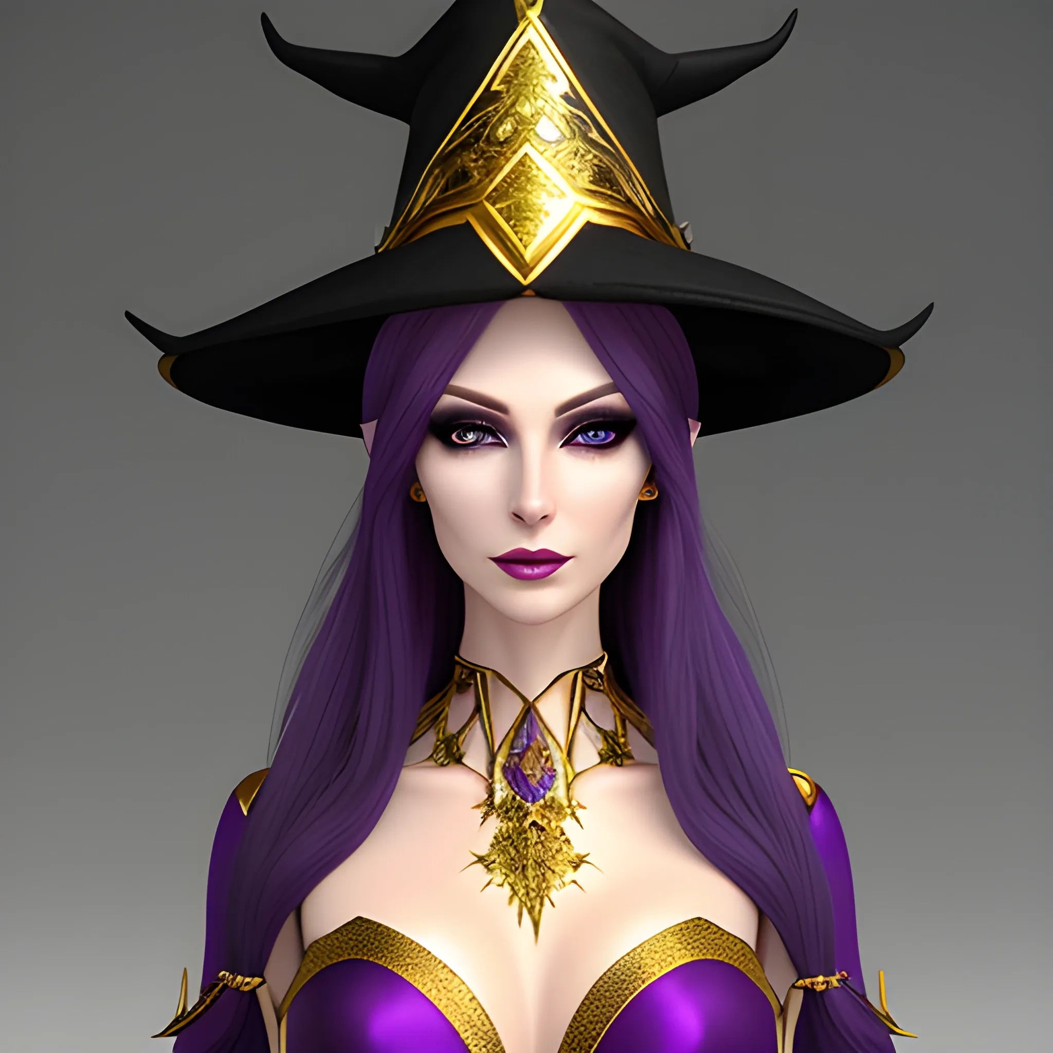 Create an image of a 16-year-old young woman with features and characteristics inspired by elves. She should have large, beautiful violet eyes, smooth and flawless porcelain skin. Her hair should be long, fine, and in a shade that harmonizes with the overall design. The main attire will be an elegant and detailed witch hat, complemented by magical and golden feminine armor. The clothing and accessories, including earrings, bracelets, or necklace, should be made of shining gold.

Additional details:

Ensure that the woman's face reflects grace and wisdom, typical of elves.
The witch hat should have a mysterious touch and be decorated with magical symbols or runes.
The violet eyes should be intense and expressive, capturing the viewer's attention.
The porcelain skin should have a soft and luminous appearance.
The gold accessories should be delicate and intricately designed, highlighting the character's elegance.
(Note: Feel free to be creative and add any other details you consider appropriate to achieve a unique and captivating image of the young elf-like woman with a witch hat and golden accessories.) 3D