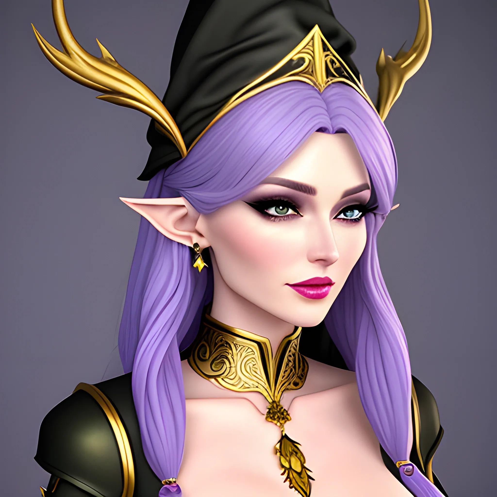 Create an image of a 16-year-old cute young woman with features and characteristics inspired by elves. She should have large, beautiful violet eyes, smooth and flawless porcelain skin. Her hair should be long, fine, and in a shade that harmonizes with the overall design. The main attire will be an elegant and detailed witch hat, complemented by magical and golden feminine armor. The clothing and accessories, including earrings, bracelets, or necklace, should be made of shining gold.

Additional details:

Ensure that the woman's face reflects grace and wisdom, typical of elves.
The witch hat should have a mysterious touch and be decorated with magical symbols or runes.
The violet eyes should be intense and expressive, capturing the viewer's attention.
The porcelain skin should have a soft and luminous appearance.
The gold accessories should be delicate and intricately designed, highlighting the character's elegance.
(Note: Feel free to be creative and add any other details you consider appropriate to achieve a unique and captivating image of the young elf-like woman with a witch hat and golden accessories.) 3D