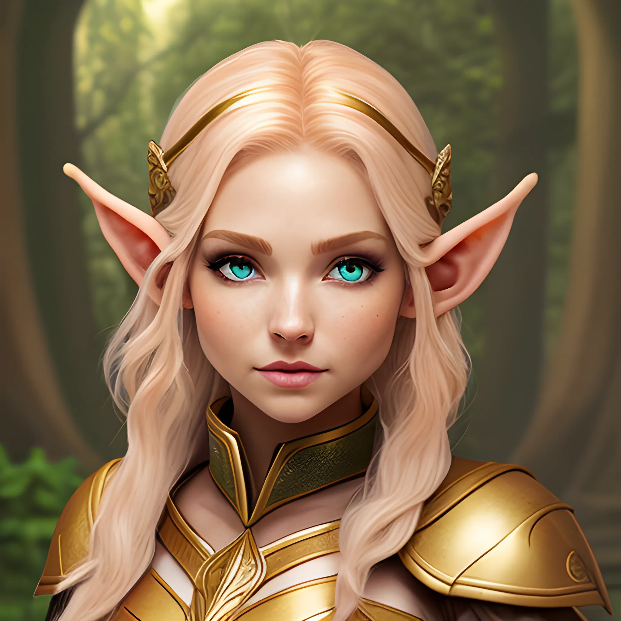 elf, female, ranger, priestess, hair rose short, skin color peach, eyes color gold