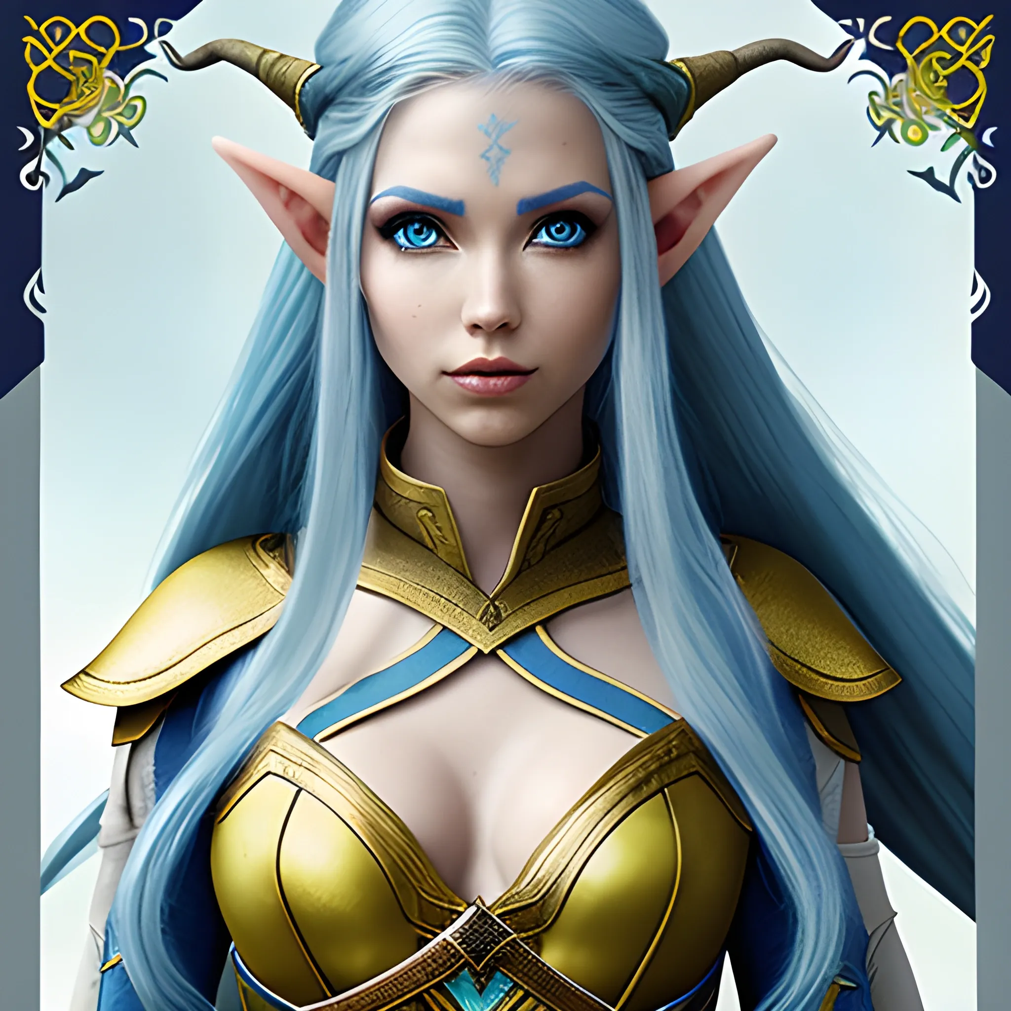 elf, female, ranger, priestess, hair blue long, skin color white, eyes color yellow