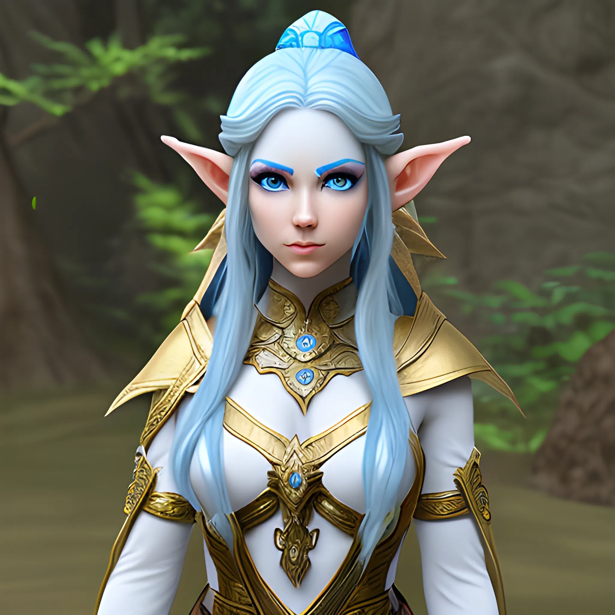 elf, female, ranger, priestess, hair blue long, skin color white, eyes color yellow, accessory diamond
