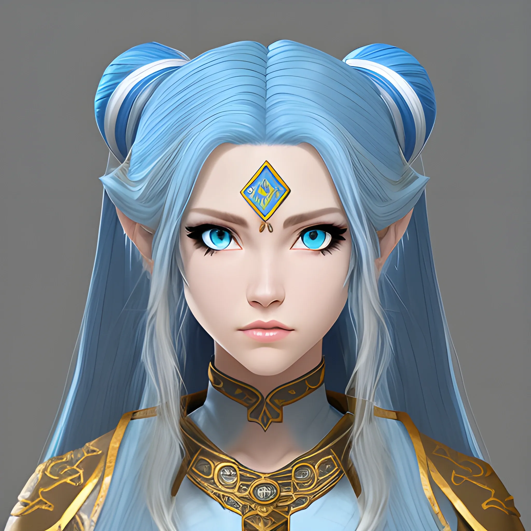 female, ranger, priestess, hair blue long, skin color white, eyes color yellow, accessory diamond
