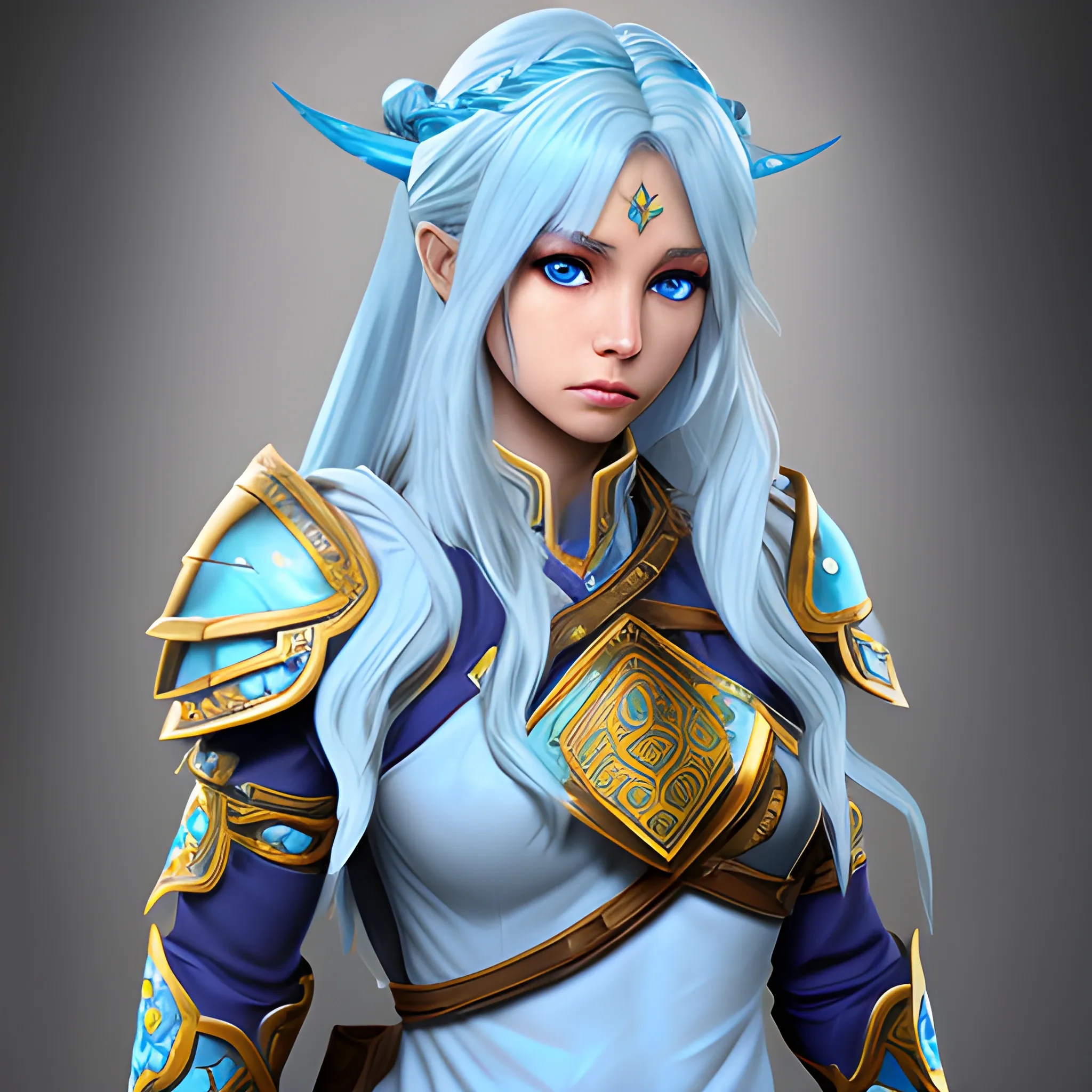 female, ranger, priestess, hair blue long, skin color white, eyes color yellow, accessory diamond, armor.
