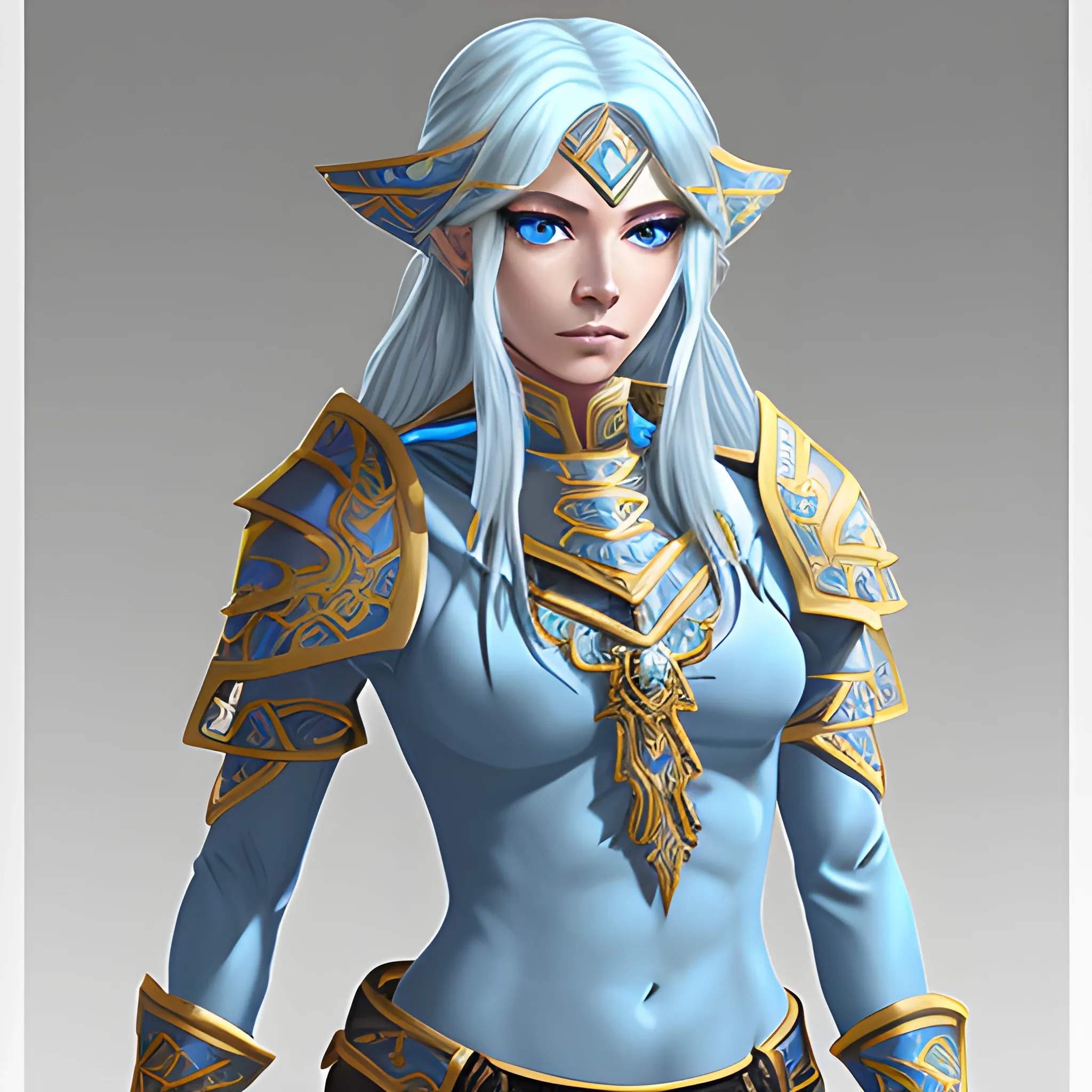 female, ranger, priestess, hair blue long, skin color white, eyes color yellow, accessory diamond, armor magic.
