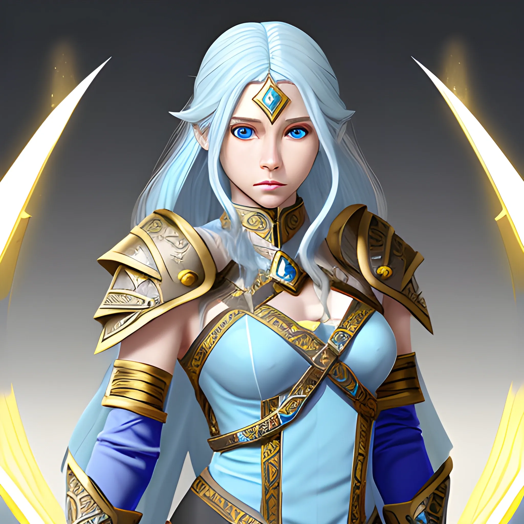 female, ranger, priestess, hair blue long, skin color white, eyes color yellow, accessory diamond, armor magic.
