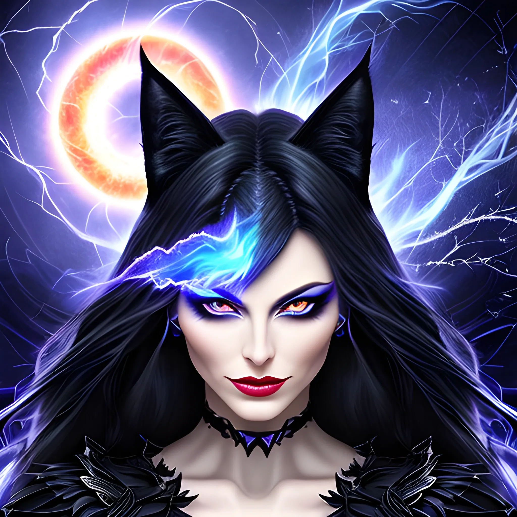 1 beautiful young white girl, witch, extreme detail, black cat, dark, shadow, blue eye, magical, fantastic, soft light, particle, noisy, wind, Sorcerer, fire, lightning, spark, flash, ice, night, star, moon, sun
