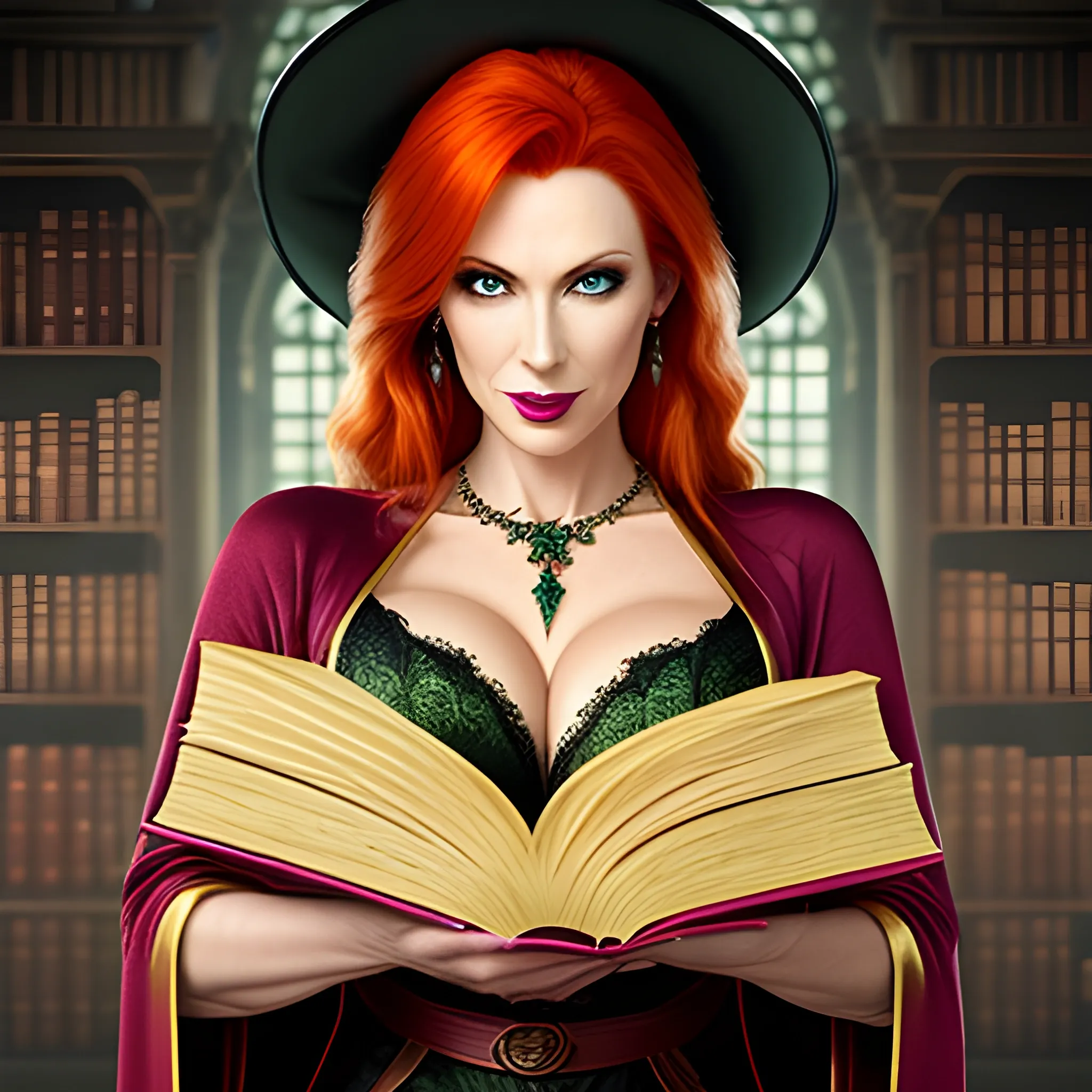 library background, BREAK
1girl, fantasy, witch, revealing robe, mature looking, round breasts, ginger hair, frackles, green eyes, close up, serious expression, diamond necklace, reading a book