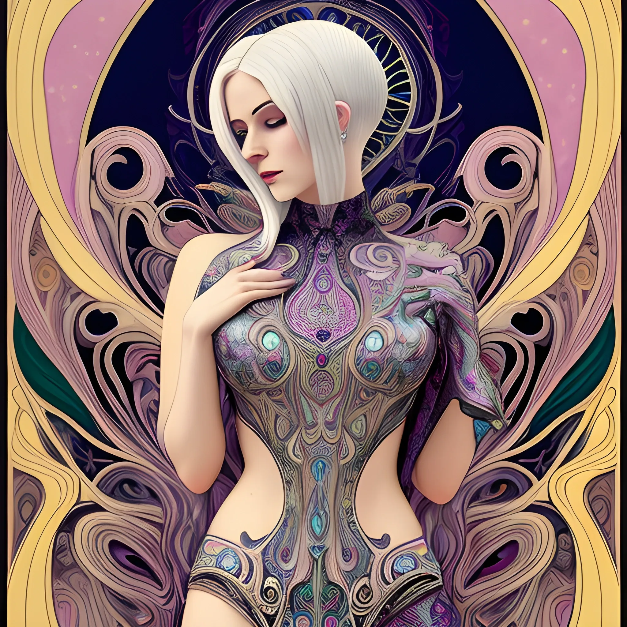 Art Nouveau painting, true aesthetics, stylish fashion shot of a beautiful woman with platinum hair, posing in front of a psychedelic art nouveau style. Highly detailed, highest quality, 