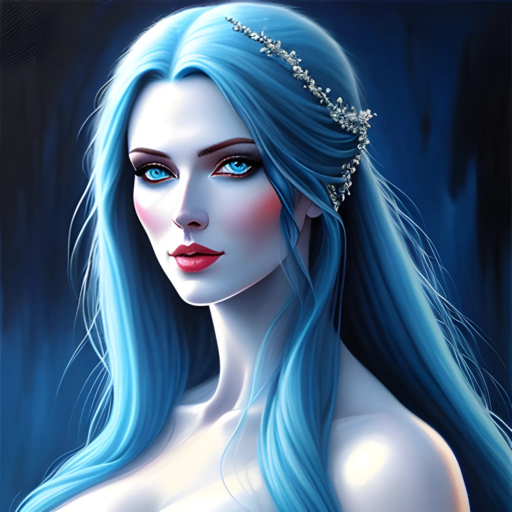 Beautiful girl with blue eyes, high detail, blue scene, hauntingly beautiful illustration,  Oil Painting