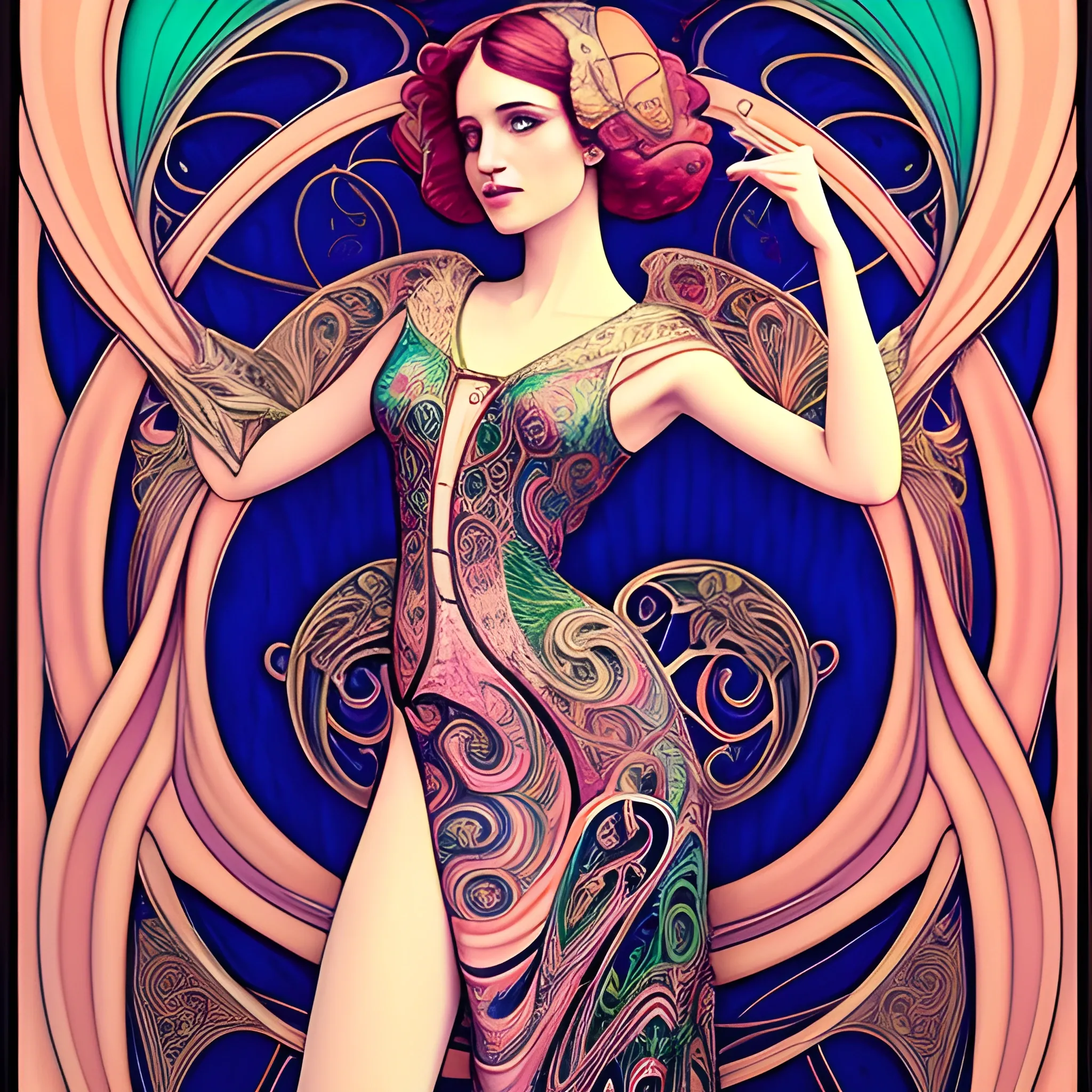 Art Nouveau painting, true aesthetics, stylish fashion shot of a beautiful woman posing in front of a psychedelic art nouveau style. Highly detailed, highest quality, 3D